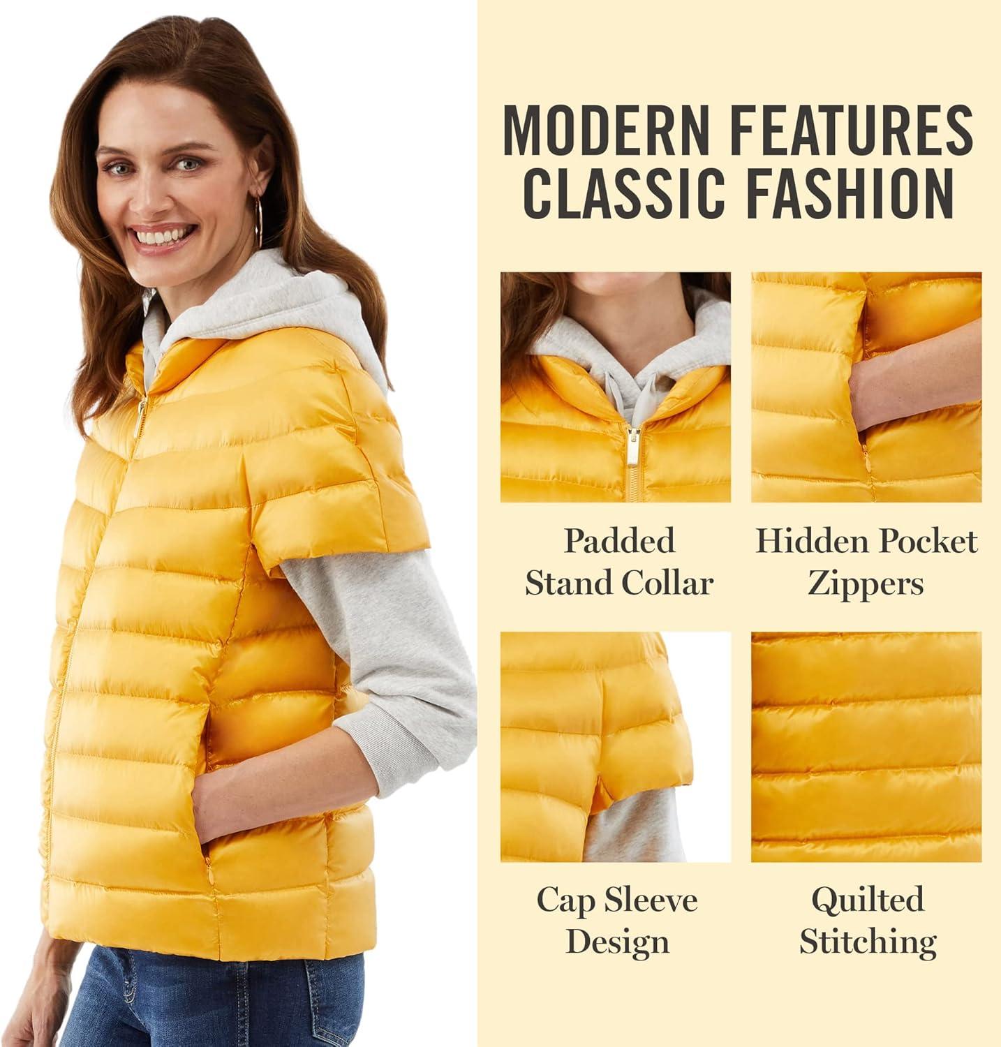 imageMartha Stewart Womens Quilted Down Puffer Vest Lightweight Short Sleeve Jacket with Pockets Warm Winter CoatYellow