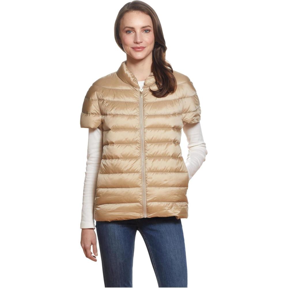 imageMartha Stewart Womens Quilted Down Puffer Vest Lightweight Short Sleeve Jacket with Pockets Warm Winter CoatKhaki