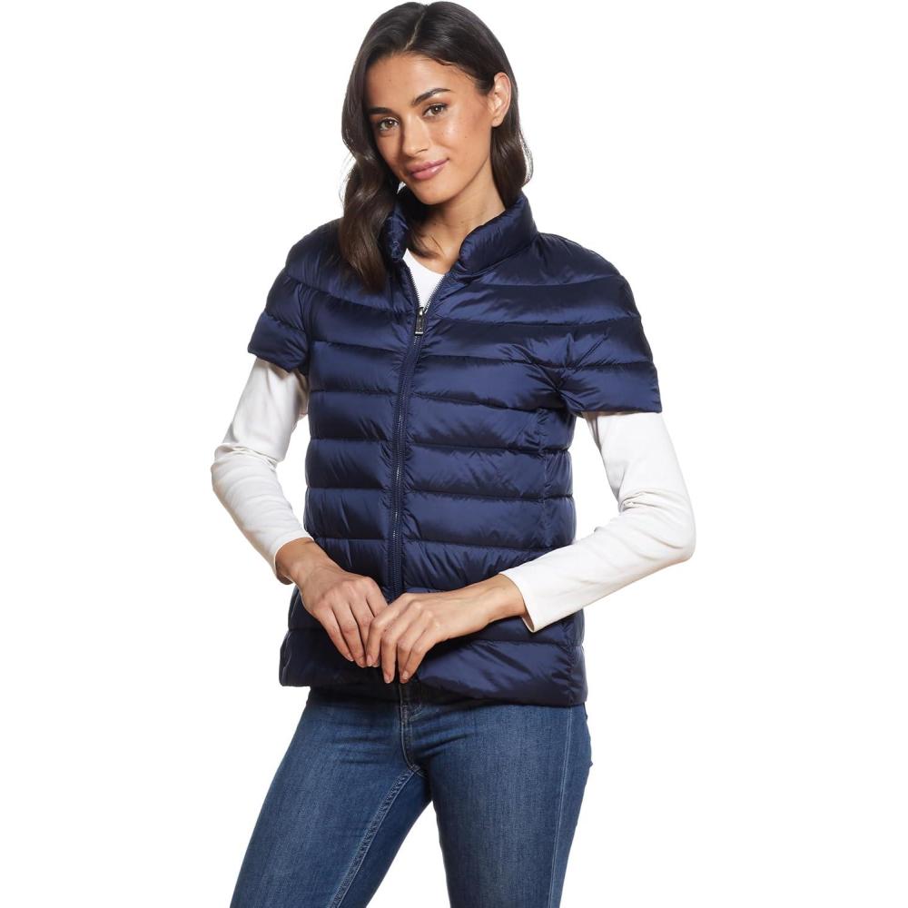 imageMartha Stewart Womens Quilted Down Puffer Vest Lightweight Short Sleeve Jacket with Pockets Warm Winter CoatNavy