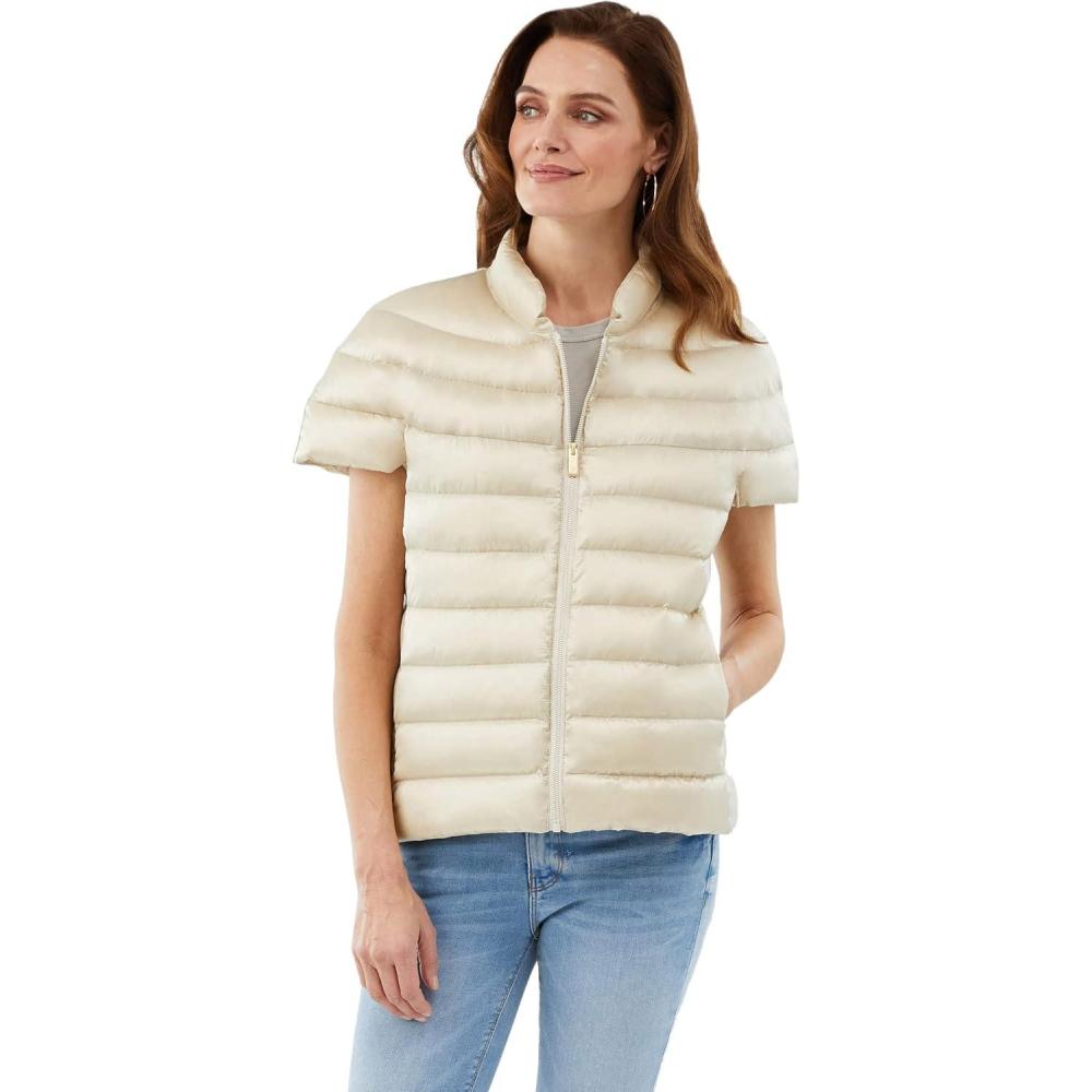 imageMartha Stewart Womens Quilted Down Puffer Vest Lightweight Short Sleeve Jacket with Pockets Warm Winter CoatOat