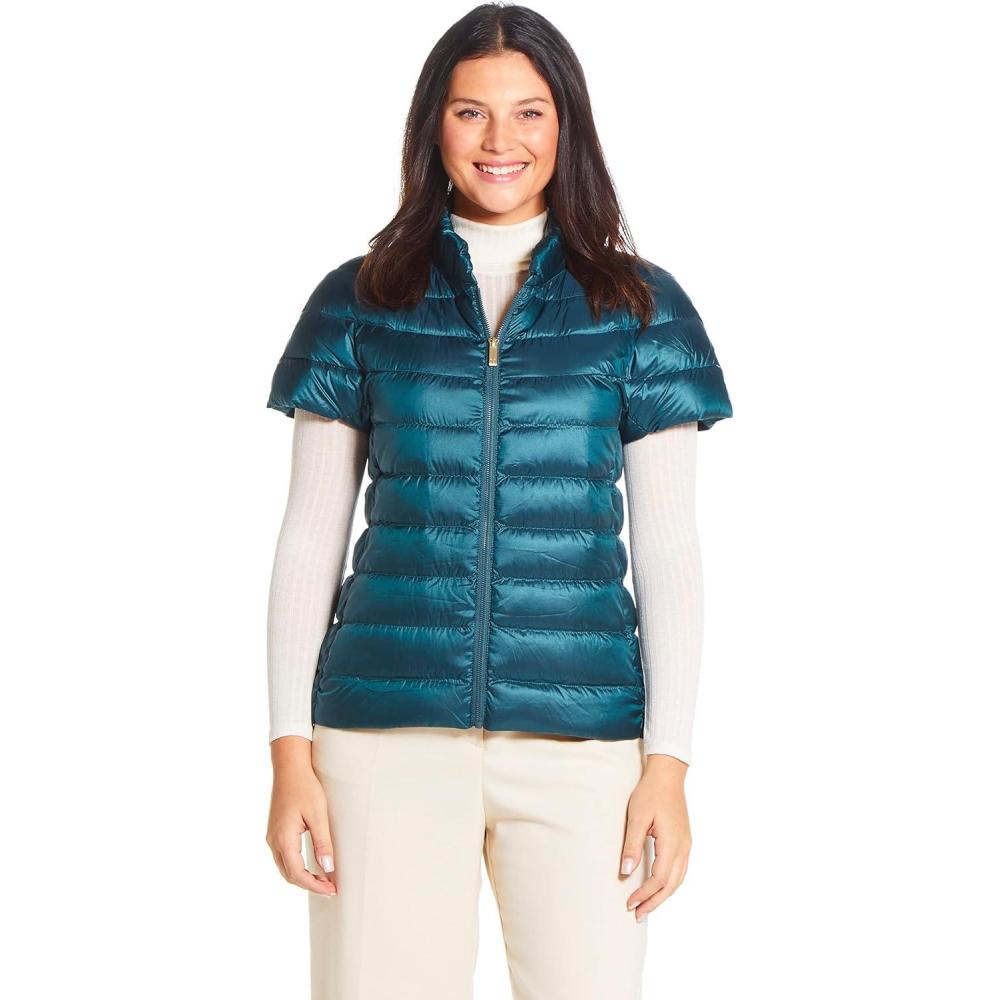 imageMartha Stewart Womens Quilted Down Puffer Vest Lightweight Short Sleeve Jacket with Pockets Warm Winter CoatSea Green