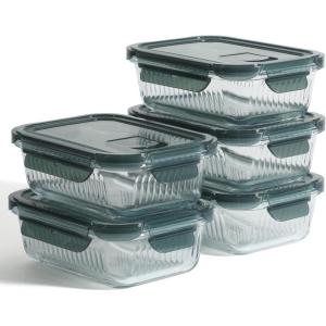 Martha Stewart Broadbrook 6 Piece Stoneware Meal Prep Container Set with Lids, Rectangular Food Storage & Bakewar |Oven, Refridgerator, Microwave, Dishwasher Safe(Glass/Green Lid (Shadowbrook – Rectangular))