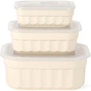 Martha Stewart Broadbrook 6 Piece Stoneware Meal Prep Container Set with Lids, Rectangular Food Storage & Bakewar |Oven, Refridgerator, Microwave, Dishwasher Safe(Cream (Broadbrook – Rectangular))