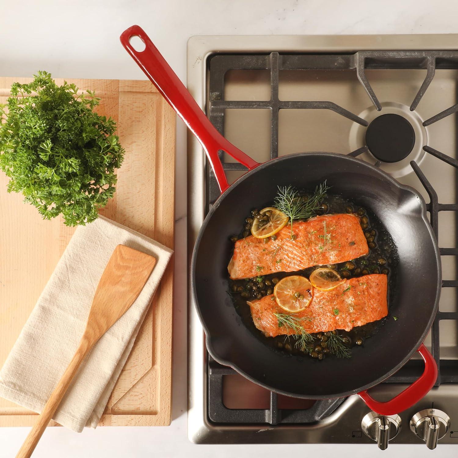 imageMartha Stewart Gatwick 12 Enameled Cast Iron Skillet PFASFree Classic Blue Exterior with Matte Black Enamel Interior Rust Resistant Oven SafeClassic Red