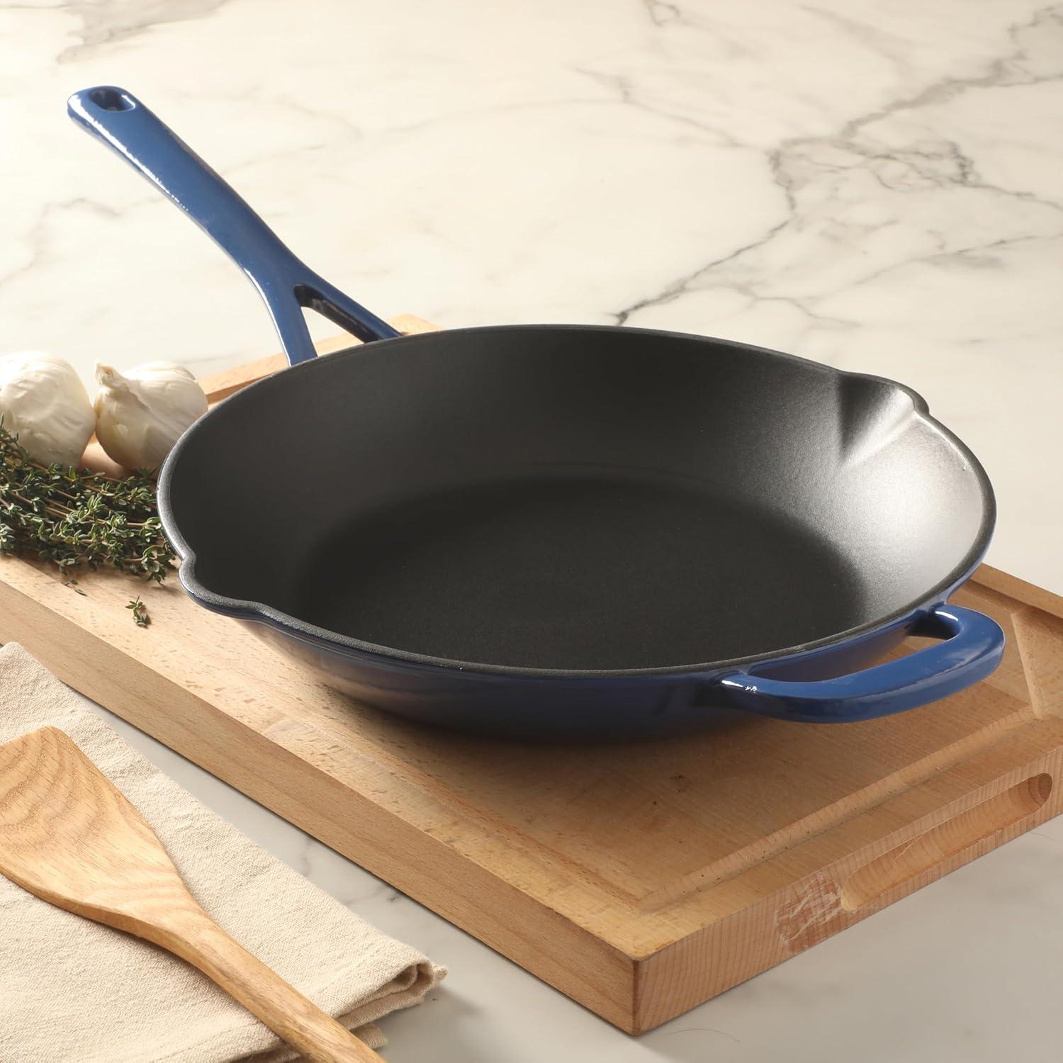 imageMartha Stewart Gatwick 12 Enameled Cast Iron Skillet PFASFree Linen White Exterior with Matte Black Enamel Interior Rust Resistant Oven SafeClassic Blue