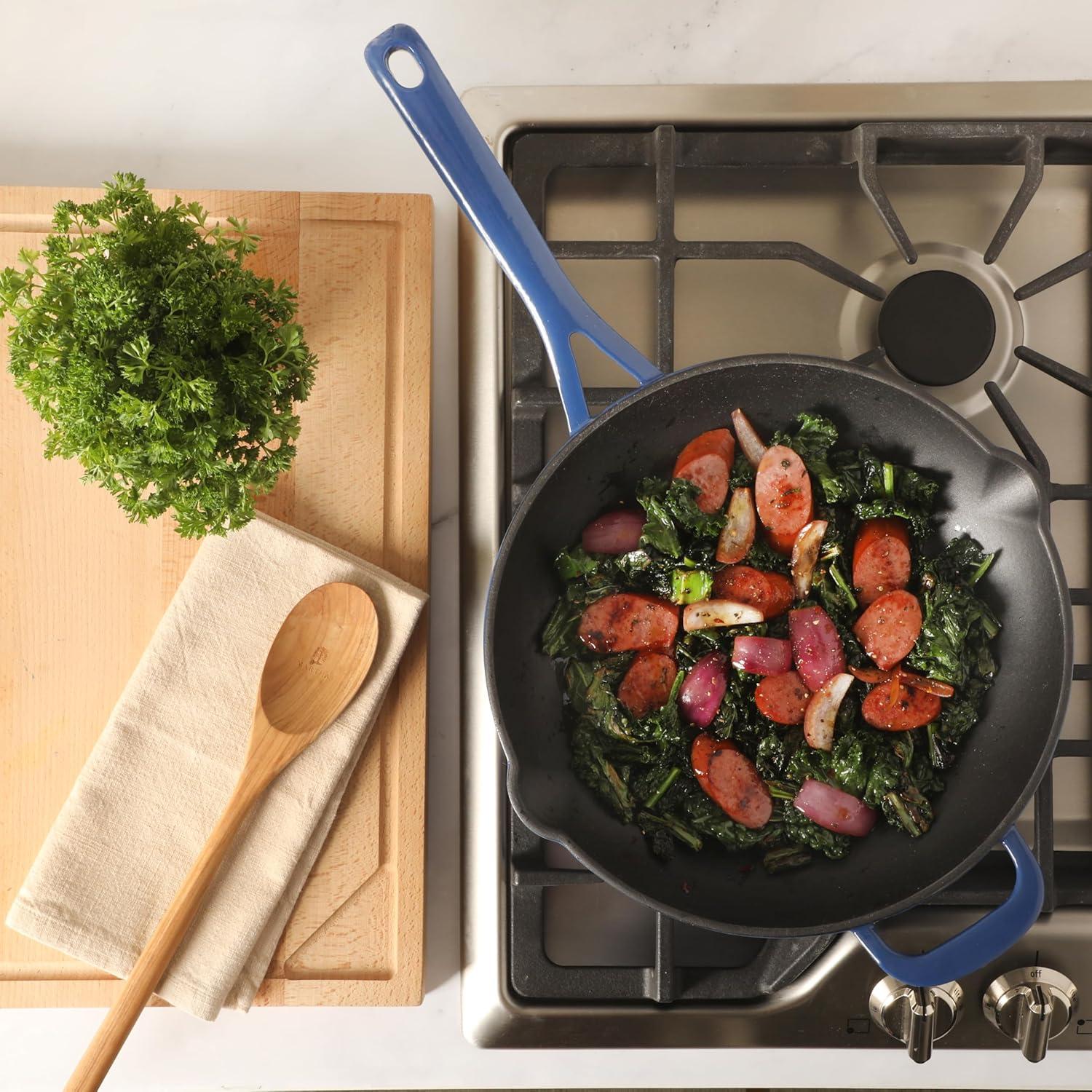 imageMartha Stewart Gatwick 12 Enameled Cast Iron Skillet PFASFree Linen White Exterior with Matte Black Enamel Interior Rust Resistant Oven SafeClassic Blue