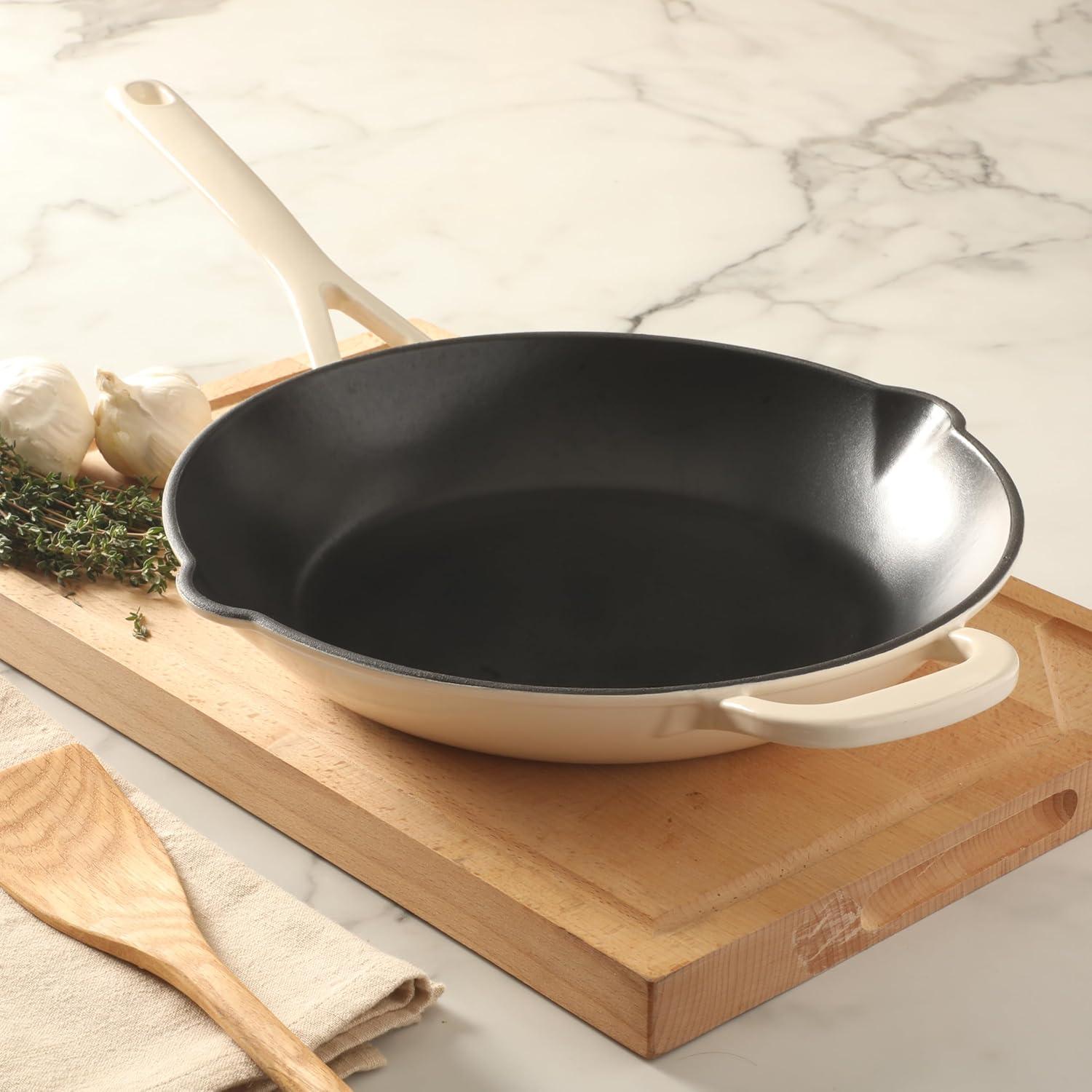 imageMartha Stewart Gatwick 12 Enameled Cast Iron Skillet PFASFree Linen White Exterior with Matte Black Enamel Interior Rust Resistant Oven SafeLinen White
