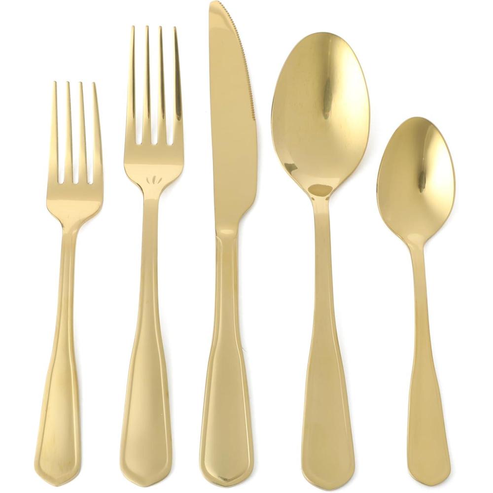imageMartha Stewart Chiggi 20Piece Silver Stainless Steel Flatware Set Service for 4  Dinner Forks Salad Forks Knives Dinner Spoons amp Teaspoons  Minimalist Silver Mirror Polish Dishwasher SafeGold Torino