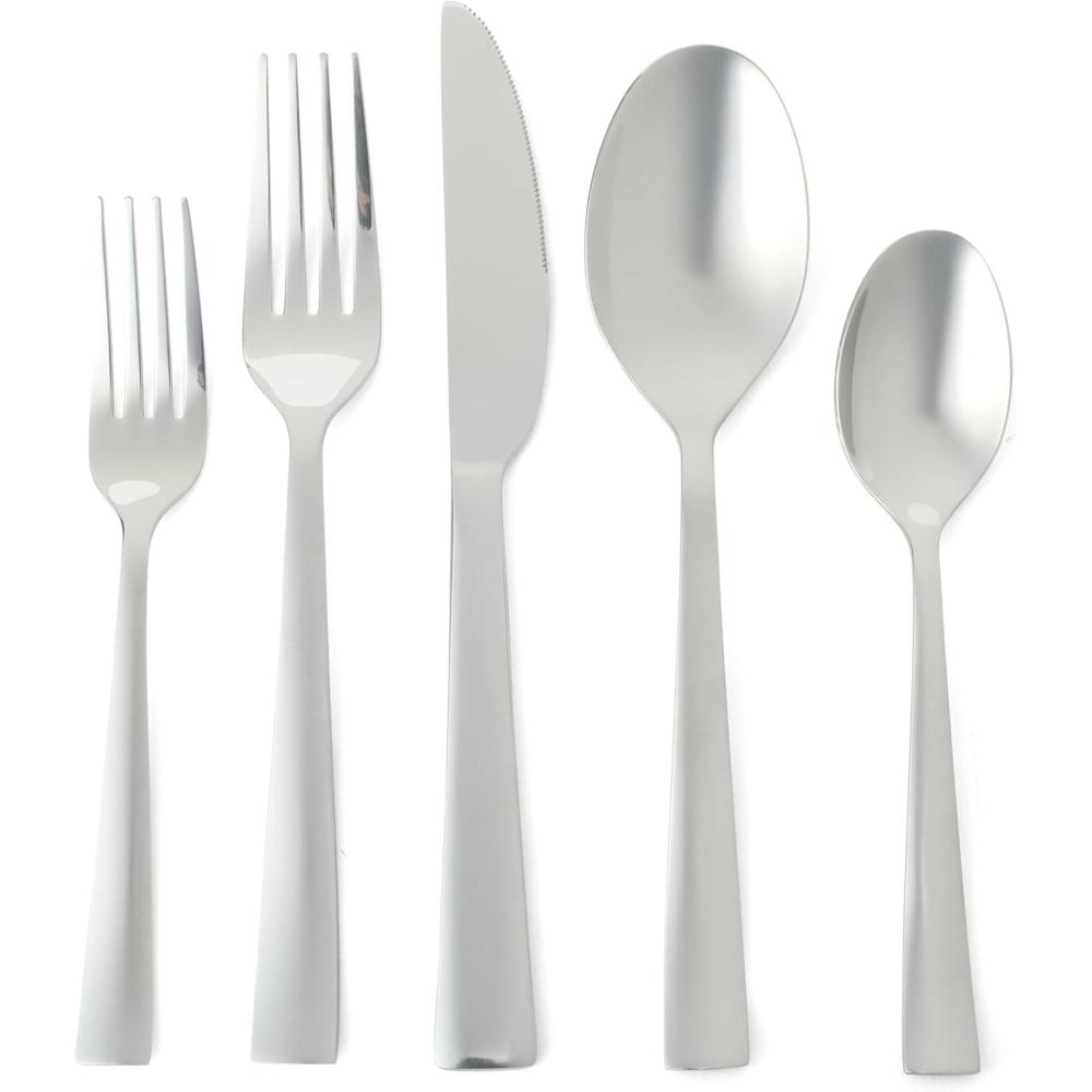imageMartha Stewart Chiggi 20Piece Silver Stainless Steel Flatware Set Service for 4  Dinner Forks Salad Forks Knives Dinner Spoons amp Teaspoons  Minimalist Silver Mirror Polish Dishwasher SafeSilver Chiggi
