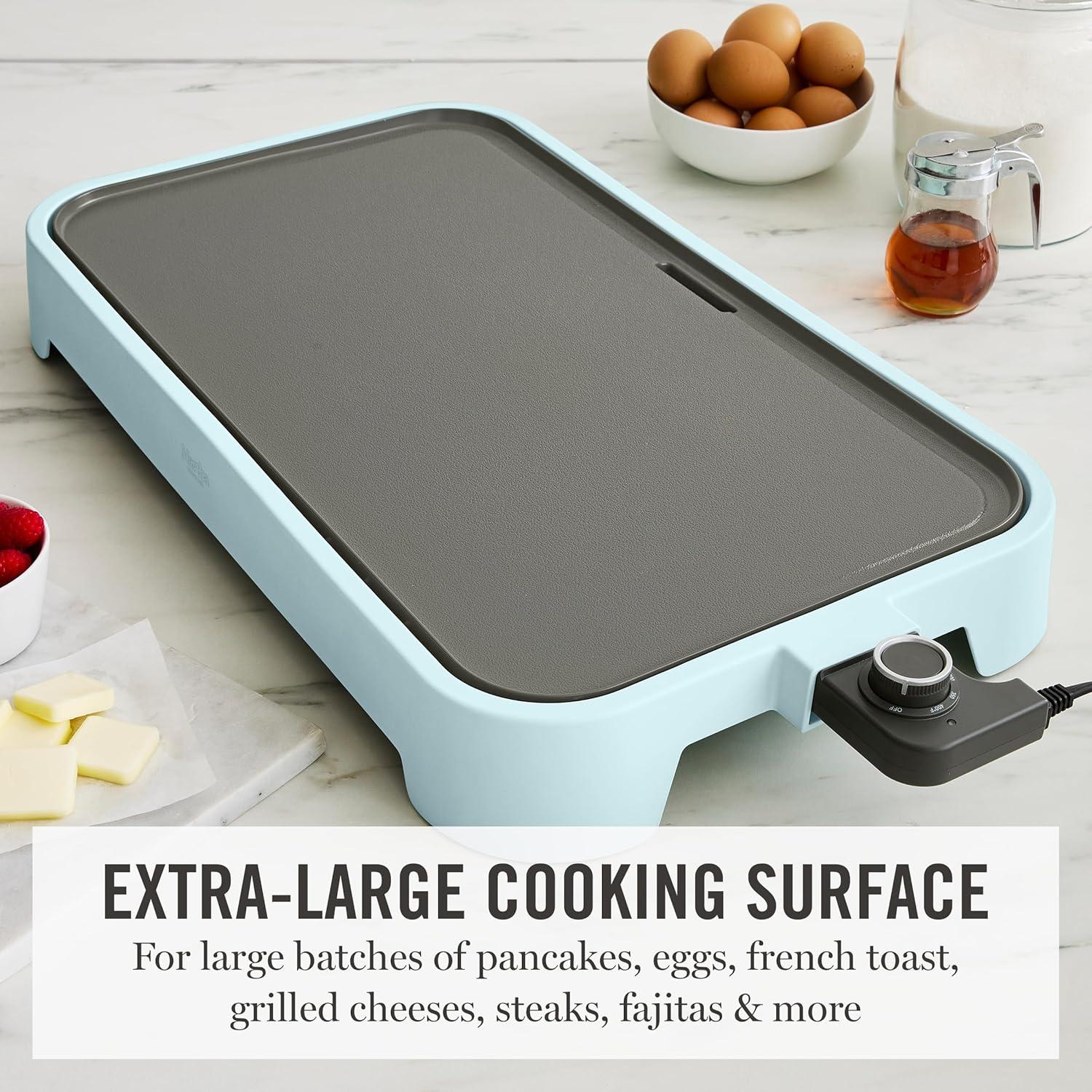 imageMartha Stewart 12 x 22 Electric Griddle XL Ceramic NonstickFlat Top Cooking Surface Adjustable Temperature Dial Drip Tray Dishwasher Safe 1500W Fast Even Heating Pancakes amp Eggs Linen WhiteSky Blue