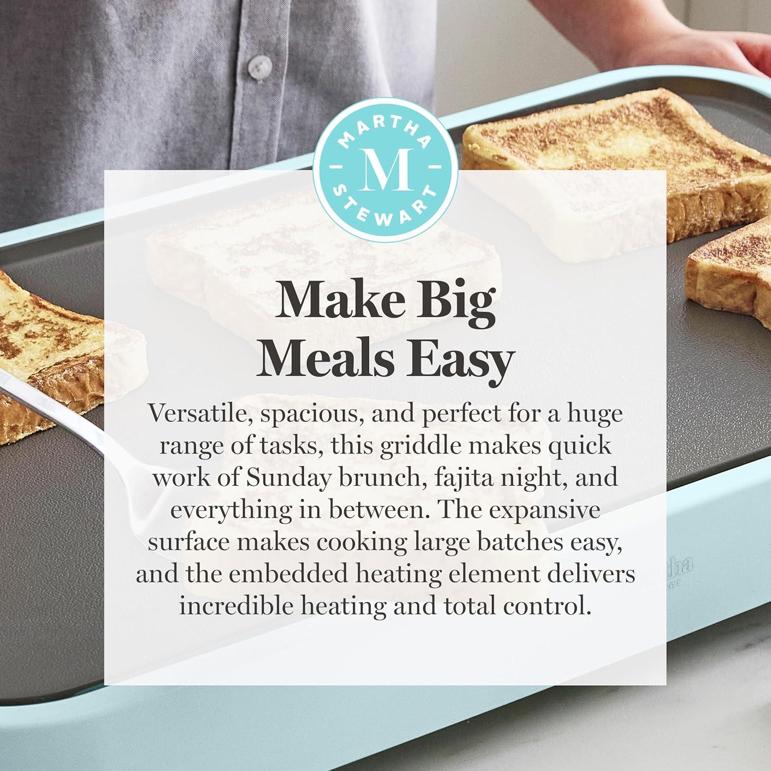 imageMartha Stewart 12 x 22 Electric Griddle XL Ceramic NonstickFlat Top Cooking Surface Adjustable Temperature Dial Drip Tray Dishwasher Safe 1500W Fast Even Heating Pancakes amp Eggs Linen WhiteSky Blue