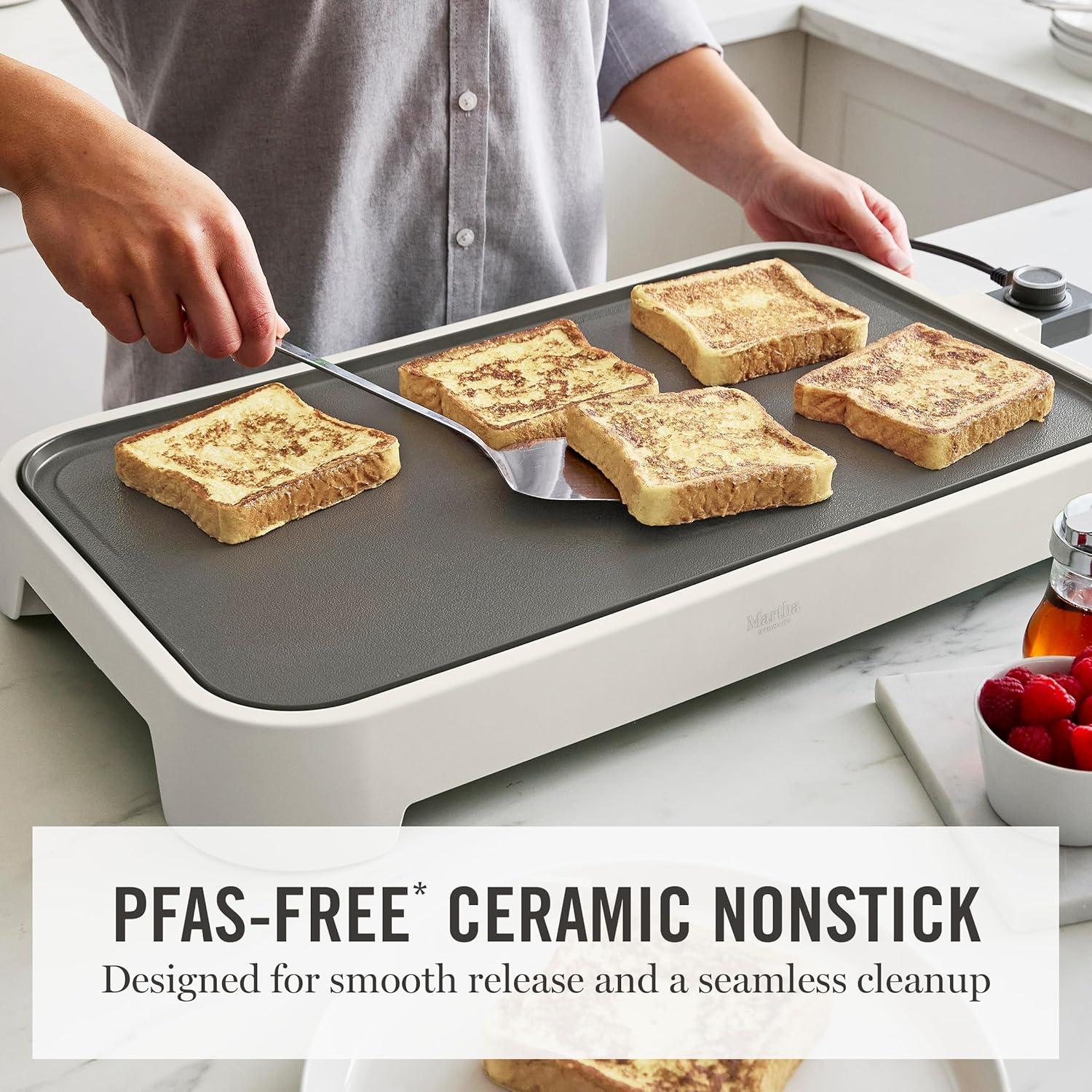 imageMartha Stewart 12 x 22 Electric Griddle XL Ceramic NonstickFlat Top Cooking Surface Adjustable Temperature Dial Drip Tray Dishwasher Safe 1500W Fast Even Heating Pancakes amp Eggs Linen WhiteLinen White