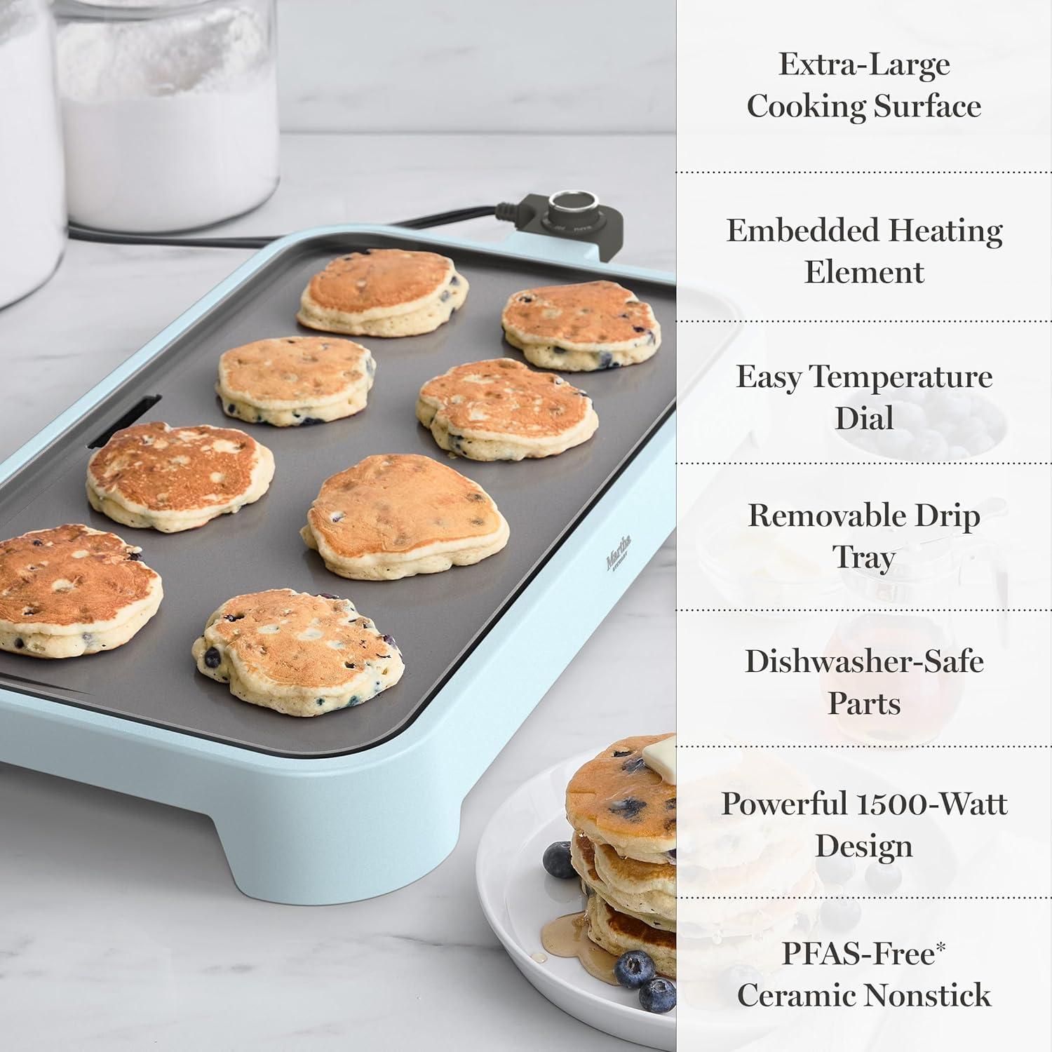 imageMartha Stewart 12 x 22 Electric Griddle XL Ceramic NonstickFlat Top Cooking Surface Adjustable Temperature Dial Drip Tray Dishwasher Safe 1500W Fast Even Heating Pancakes amp Eggs Linen WhiteSky Blue