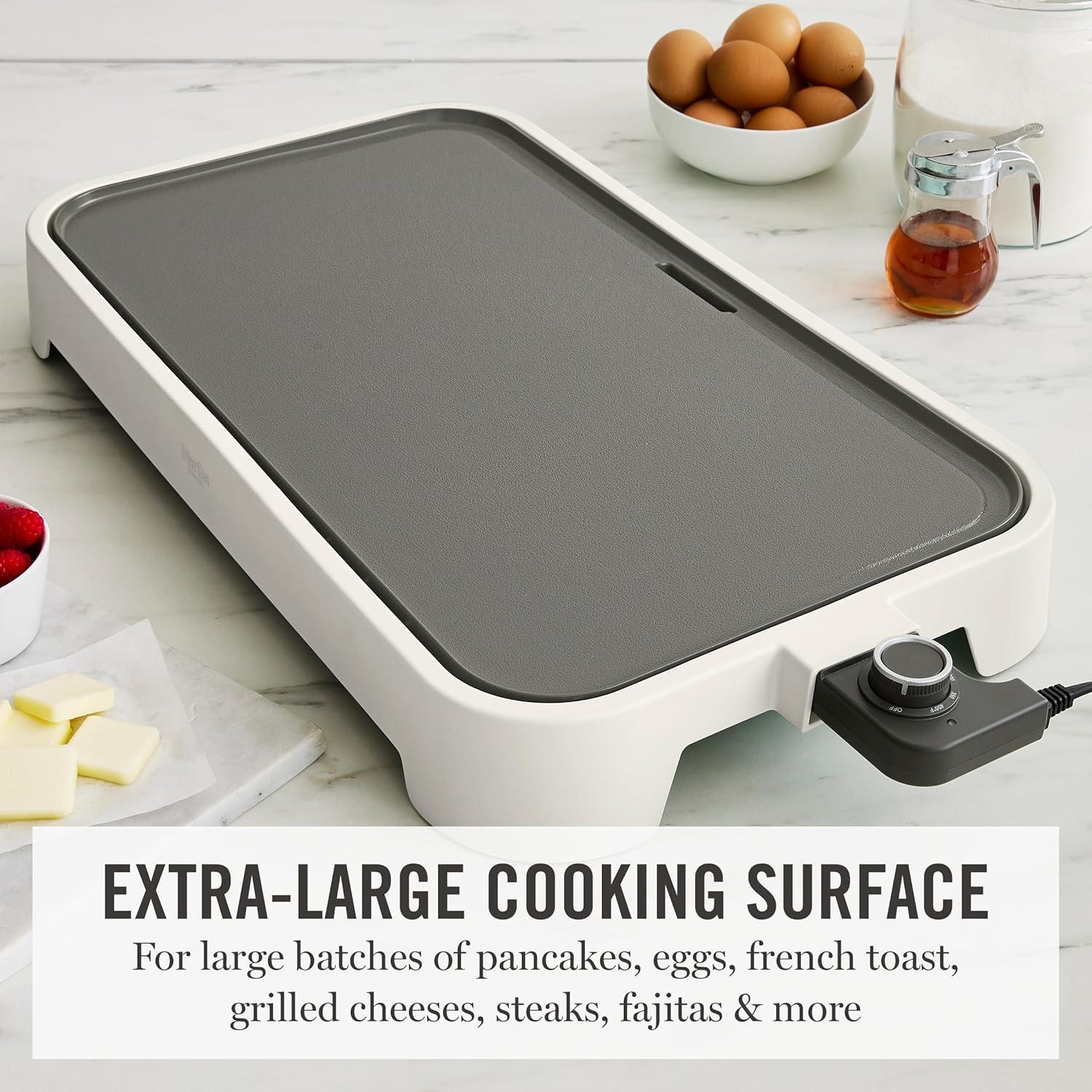 imageMartha Stewart 12 x 22 Electric Griddle XL Ceramic NonstickFlat Top Cooking Surface Adjustable Temperature Dial Drip Tray Dishwasher Safe 1500W Fast Even Heating Pancakes amp Eggs Linen WhiteLinen White