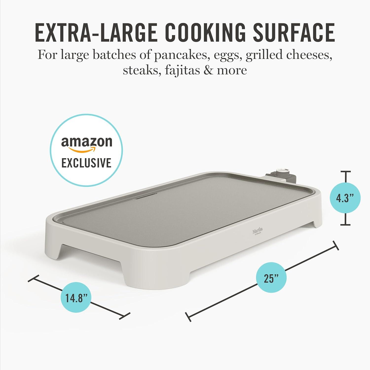 imageMartha Stewart 12 x 22 Electric Griddle XL Ceramic NonstickFlat Top Cooking Surface Adjustable Temperature Dial Drip Tray Dishwasher Safe 1500W Fast Even Heating Pancakes amp Eggs Linen WhiteLinen White