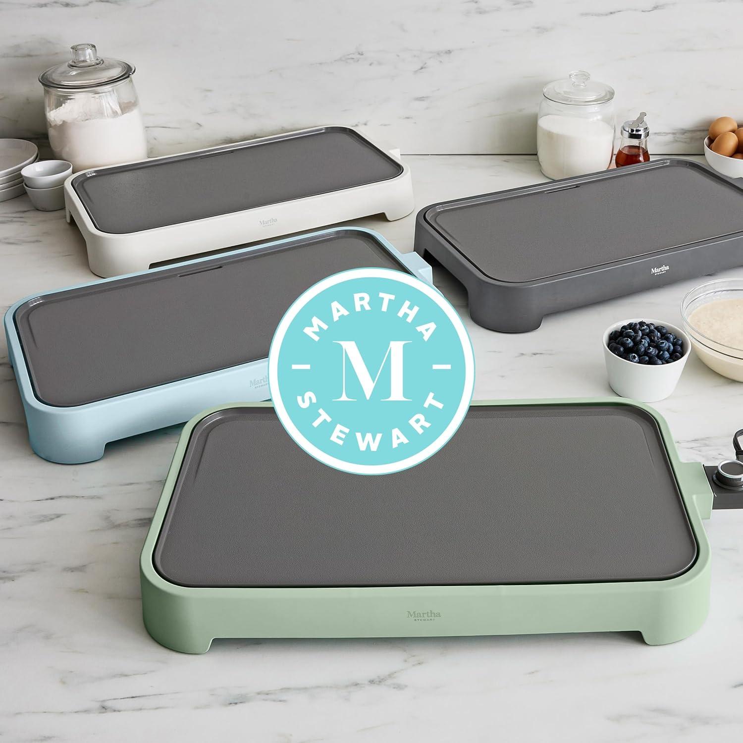 imageMartha Stewart 12 x 22 Electric Griddle XL Ceramic NonstickFlat Top Cooking Surface Adjustable Temperature Dial Drip Tray Dishwasher Safe 1500W Fast Even Heating Pancakes amp Eggs Linen WhiteSky Blue