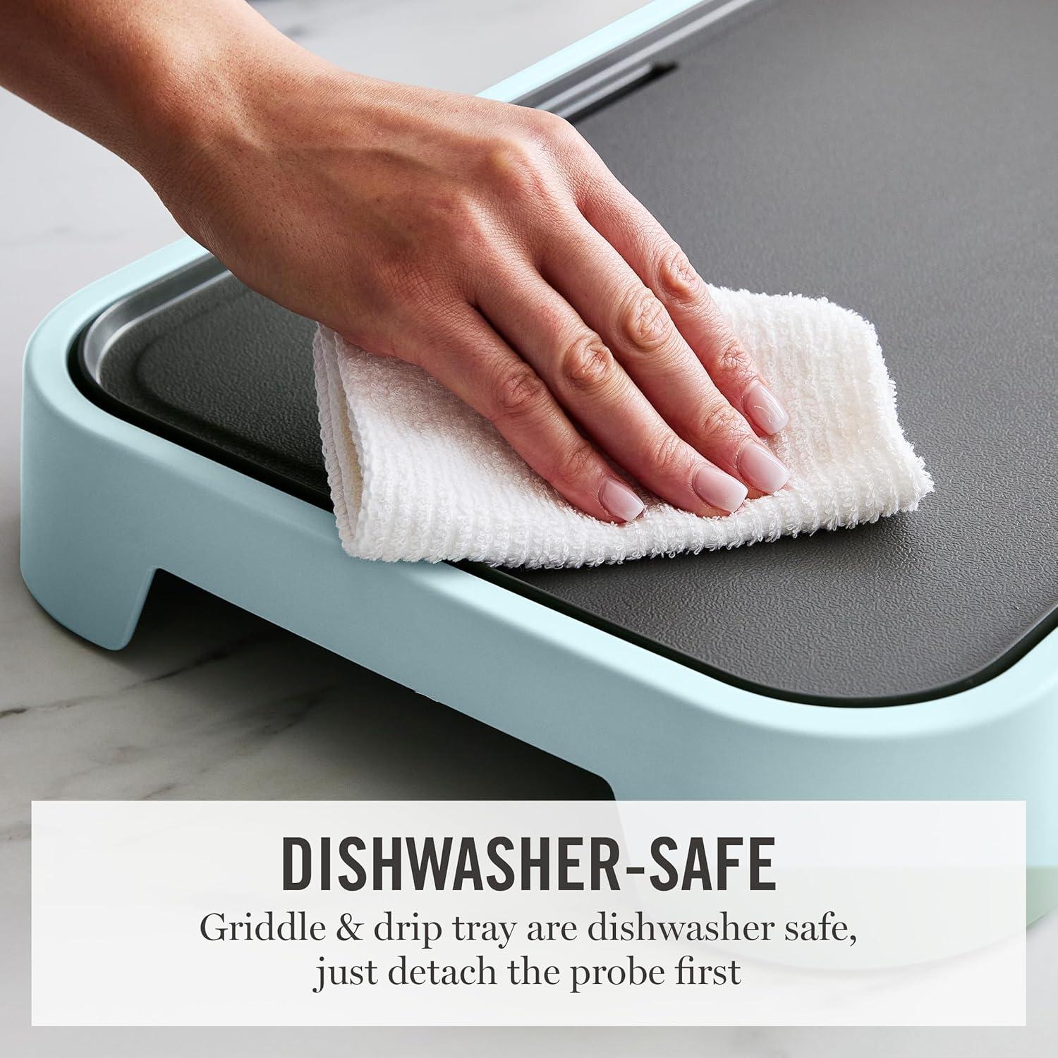 imageMartha Stewart 12 x 22 Electric Griddle XL Ceramic NonstickFlat Top Cooking Surface Adjustable Temperature Dial Drip Tray Dishwasher Safe 1500W Fast Even Heating Pancakes amp Eggs Linen WhiteSky Blue