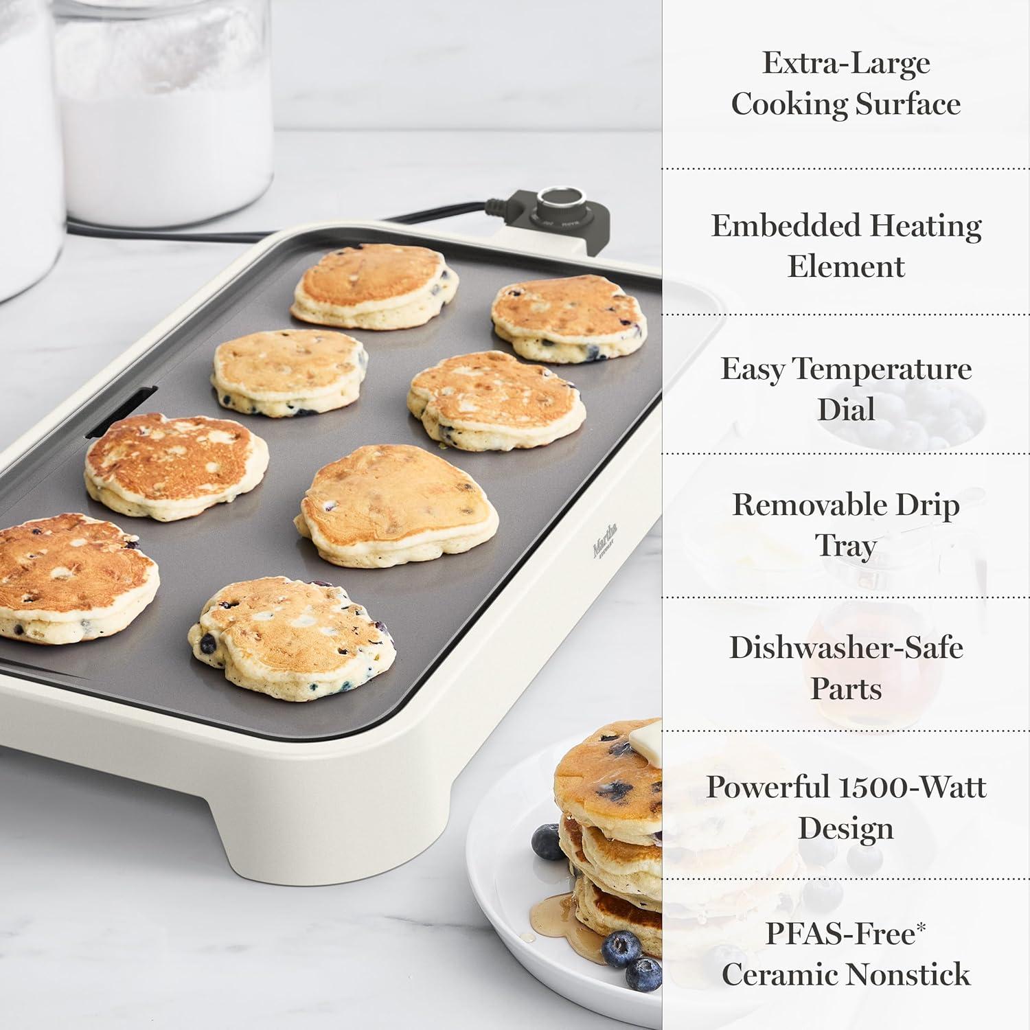 imageMartha Stewart 12 x 22 Electric Griddle XL Ceramic NonstickFlat Top Cooking Surface Adjustable Temperature Dial Drip Tray Dishwasher Safe 1500W Fast Even Heating Pancakes amp Eggs Linen WhiteLinen White