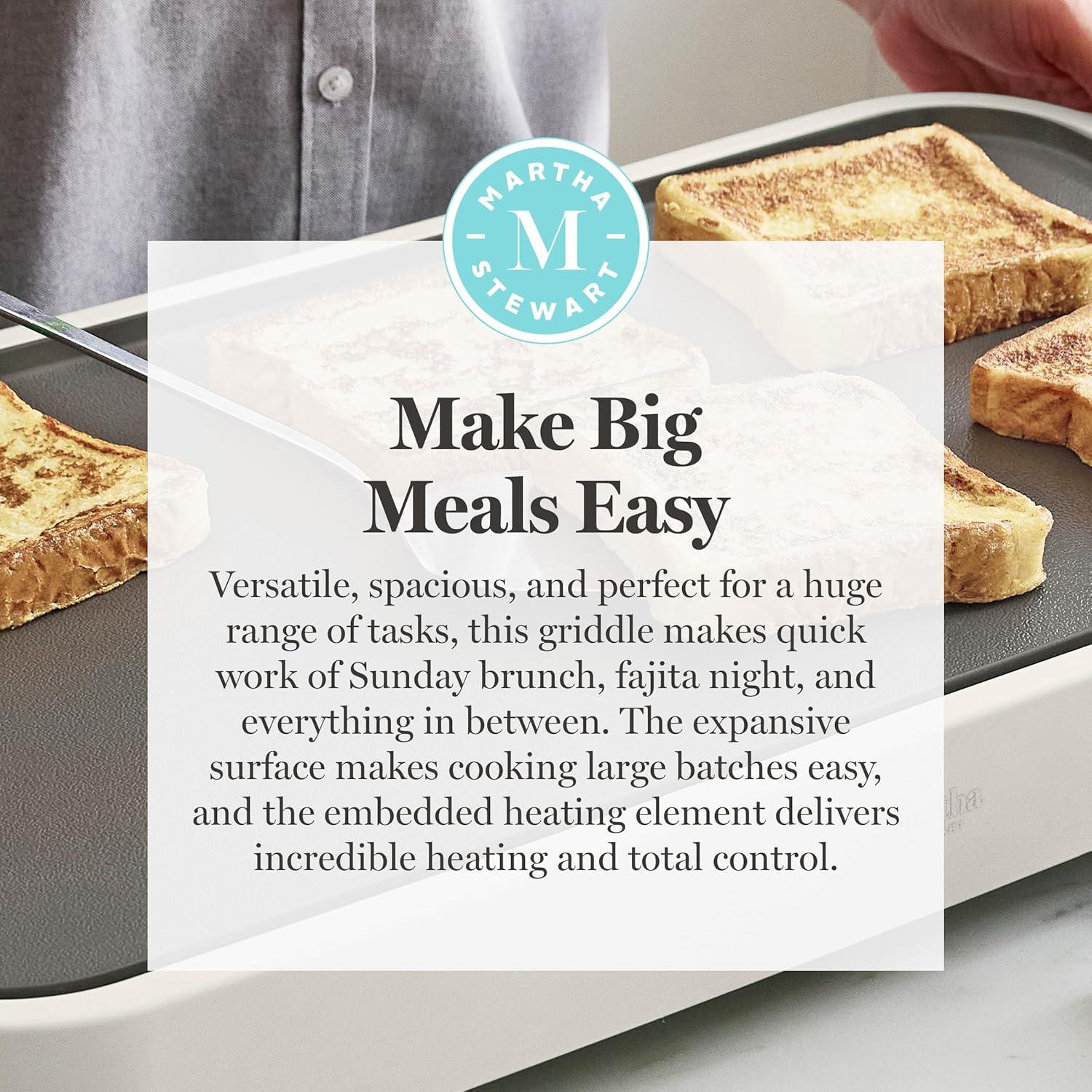imageMartha Stewart 12 x 22 Electric Griddle XL Ceramic NonstickFlat Top Cooking Surface Adjustable Temperature Dial Drip Tray Dishwasher Safe 1500W Fast Even Heating Pancakes amp Eggs Linen WhiteLinen White