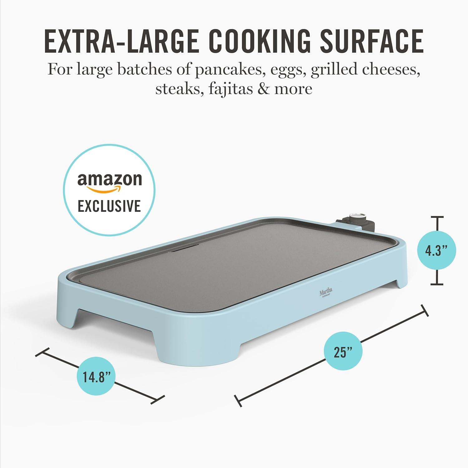 imageMartha Stewart 12 x 22 Electric Griddle XL Ceramic NonstickFlat Top Cooking Surface Adjustable Temperature Dial Drip Tray Dishwasher Safe 1500W Fast Even Heating Pancakes amp Eggs Linen WhiteSky Blue