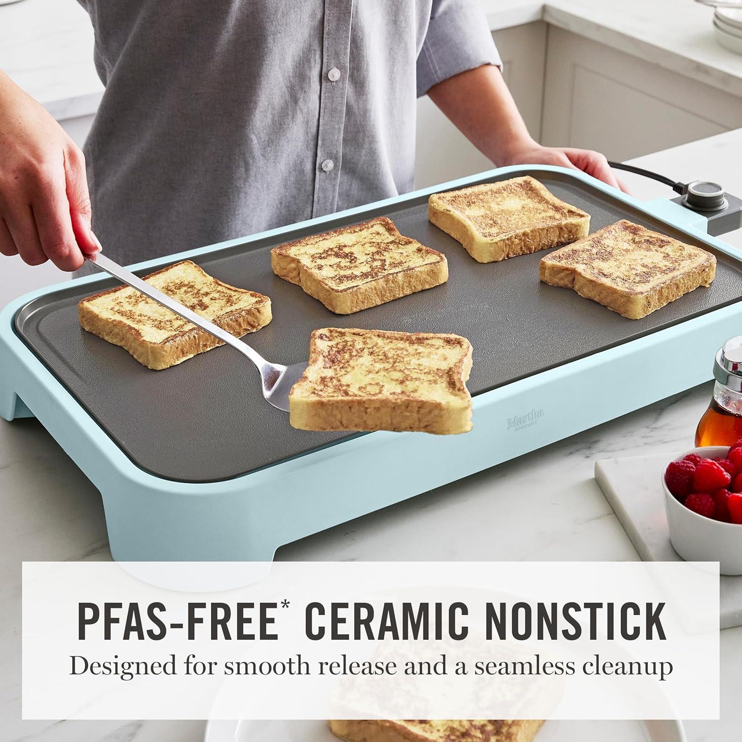 imageMartha Stewart 12 x 22 Electric Griddle XL Ceramic NonstickFlat Top Cooking Surface Adjustable Temperature Dial Drip Tray Dishwasher Safe 1500W Fast Even Heating Pancakes amp Eggs Linen WhiteSky Blue