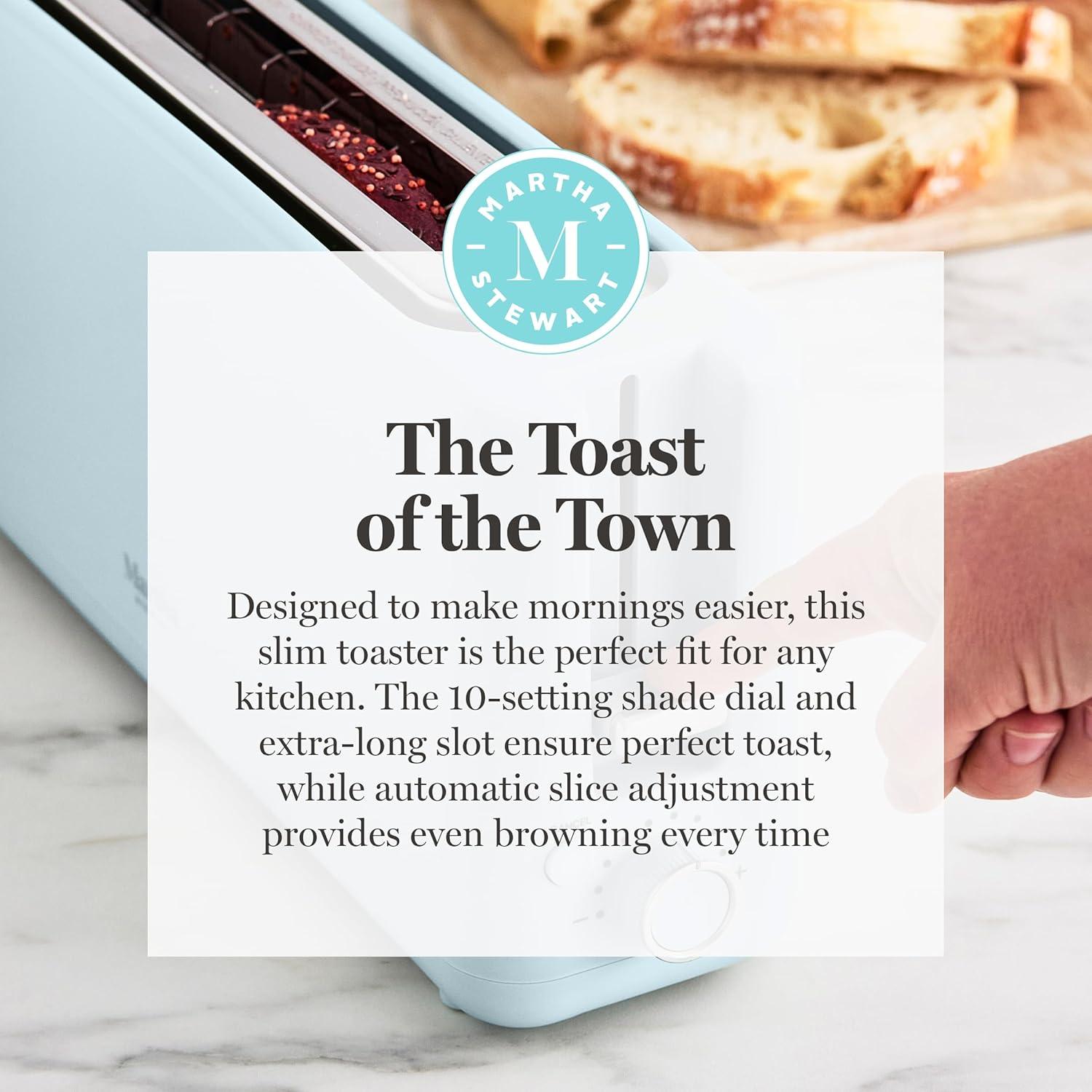 imageMartha Stewart 2 Slice Long Slot Toaster Extra Wide for Sourdough amp Bagels 10 Setting Shade Control Removable Crumb Tray SelfCentering Design DefrostReheat Cancel Slim SpaceSaving LinenSky Blue