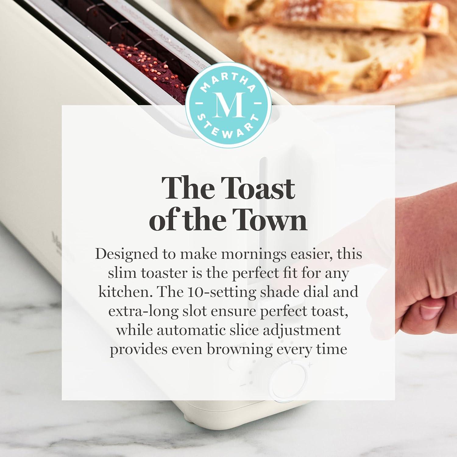 imageMartha Stewart 2 Slice Long Slot Toaster Extra Wide for Sourdough amp Bagels 10 Setting Shade Control Removable Crumb Tray SelfCentering Design DefrostReheat Cancel Slim SpaceSaving LinenLinen White