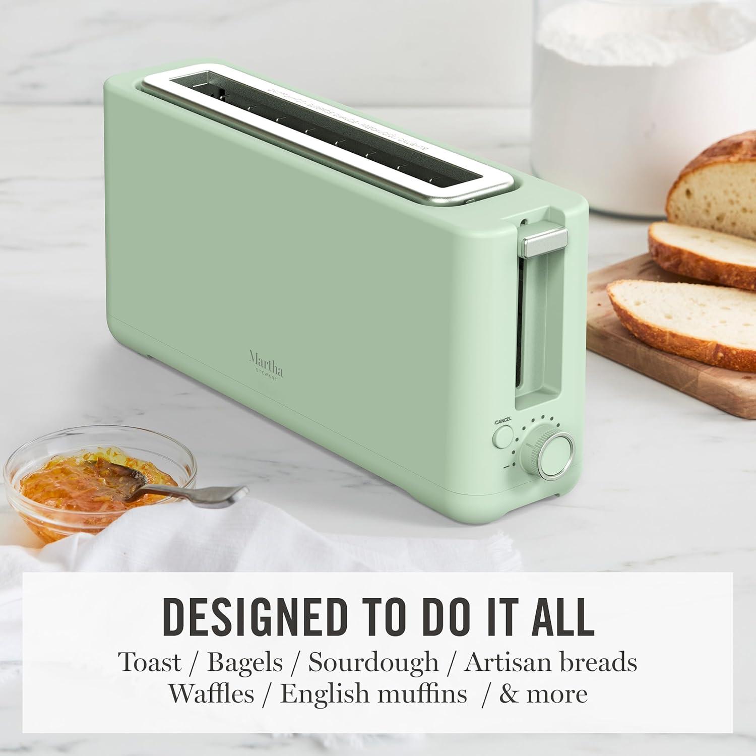 imageMartha Stewart 2 Slice Long Slot Toaster Extra Wide for Sourdough amp Bagels 10 Setting Shade Control Removable Crumb Tray SelfCentering Design DefrostReheat Cancel Slim SpaceSaving LinenHoneydew Green