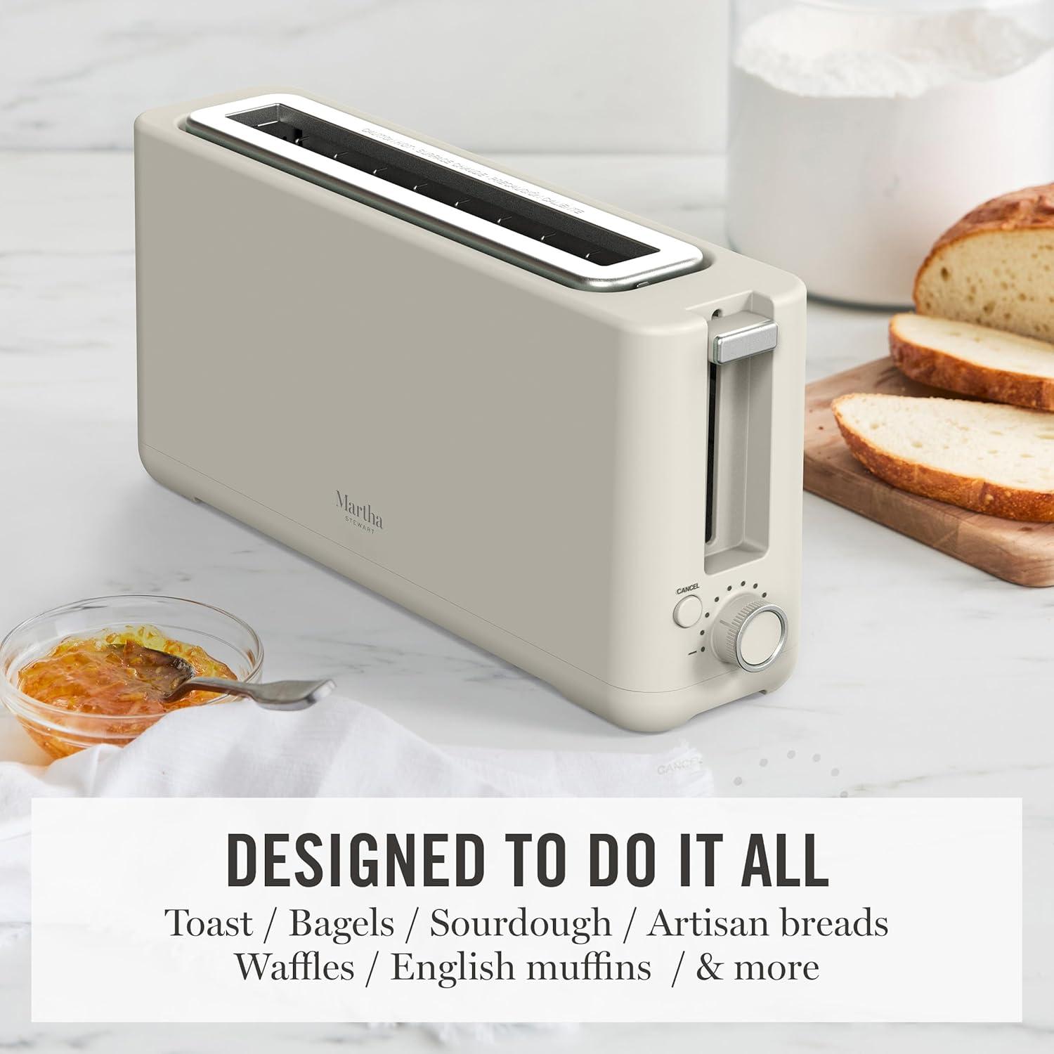 imageMartha Stewart 2 Slice Long Slot Toaster Extra Wide for Sourdough amp Bagels 10 Setting Shade Control Removable Crumb Tray SelfCentering Design DefrostReheat Cancel Slim SpaceSaving LinenLinen White