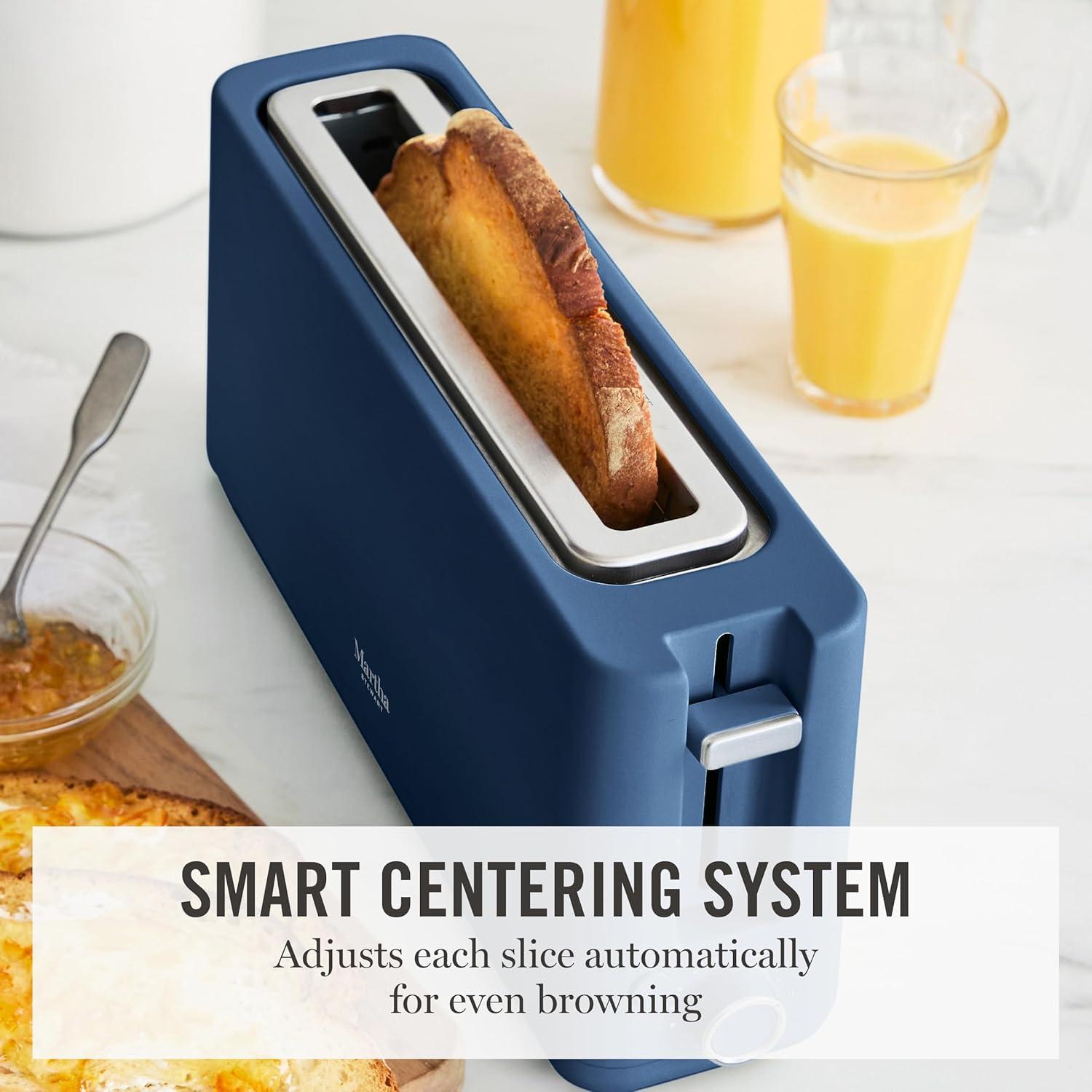 imageMartha Stewart 2 Slice Long Slot Toaster Extra Wide for Sourdough amp Bagels 10 Setting Shade Control Removable Crumb Tray SelfCentering Design DefrostReheat Cancel Slim SpaceSaving LinenIndigo Blue