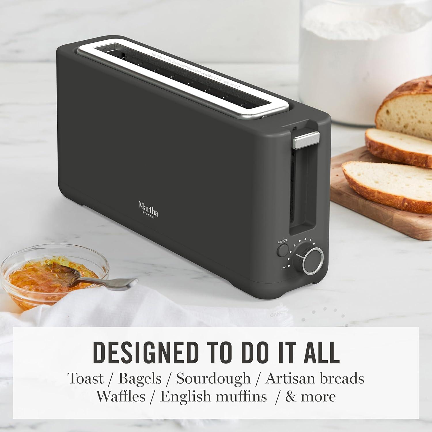 imageMartha Stewart 2 Slice Long Slot Toaster Extra Wide for Sourdough amp Bagels 10 Setting Shade Control Removable Crumb Tray SelfCentering Design DefrostReheat Cancel Slim SpaceSaving LinenCaviar Gray