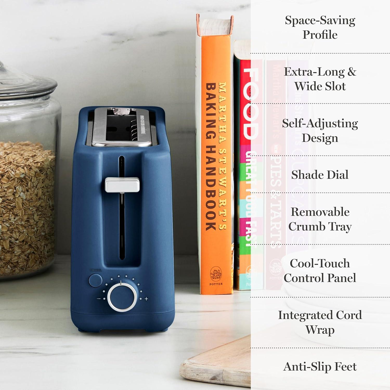 imageMartha Stewart 2 Slice Long Slot Toaster Extra Wide for Sourdough amp Bagels 10 Setting Shade Control Removable Crumb Tray SelfCentering Design DefrostReheat Cancel Slim SpaceSaving LinenIndigo Blue
