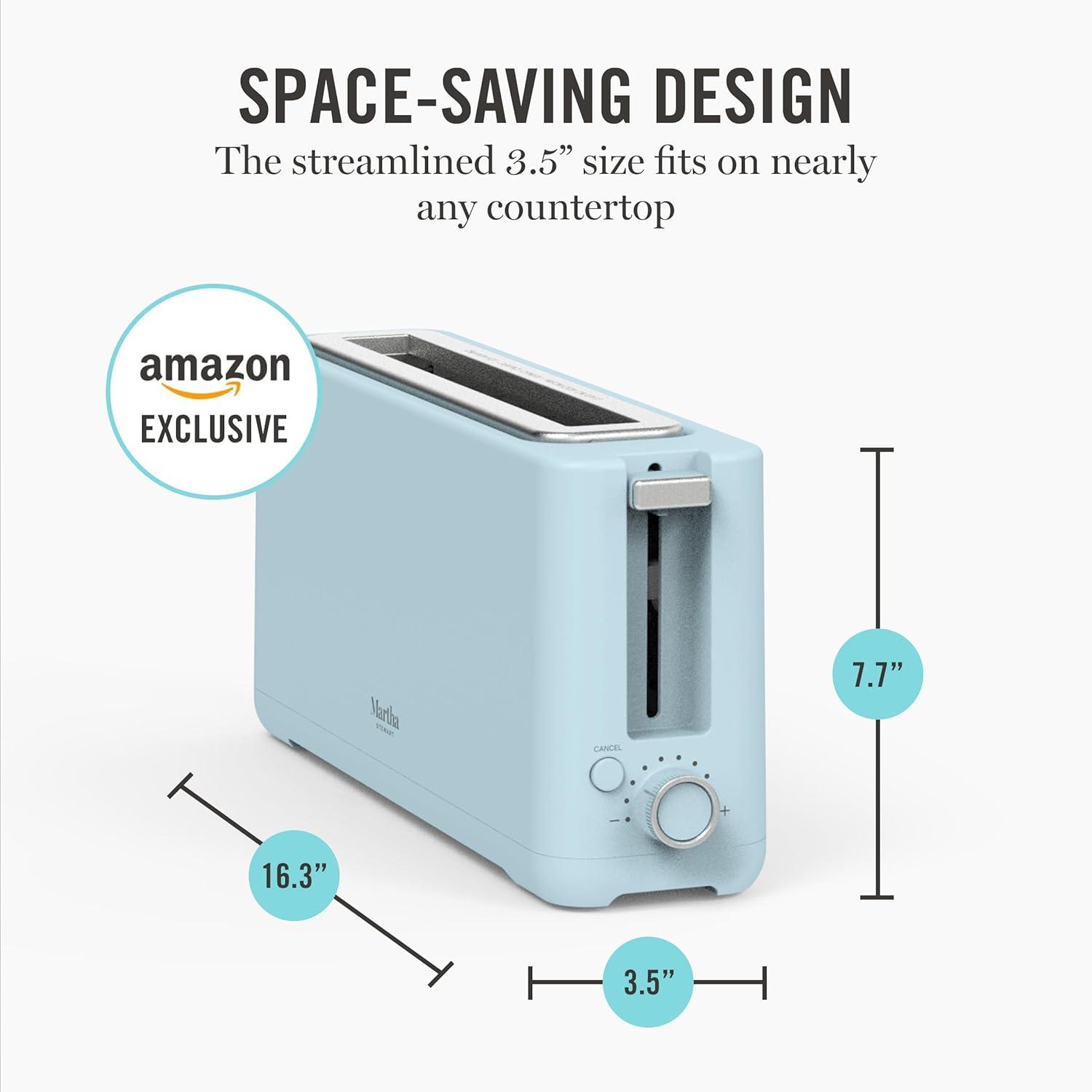 imageMartha Stewart 2 Slice Long Slot Toaster Extra Wide for Sourdough amp Bagels 10 Setting Shade Control Removable Crumb Tray SelfCentering Design DefrostReheat Cancel Slim SpaceSaving LinenSky Blue