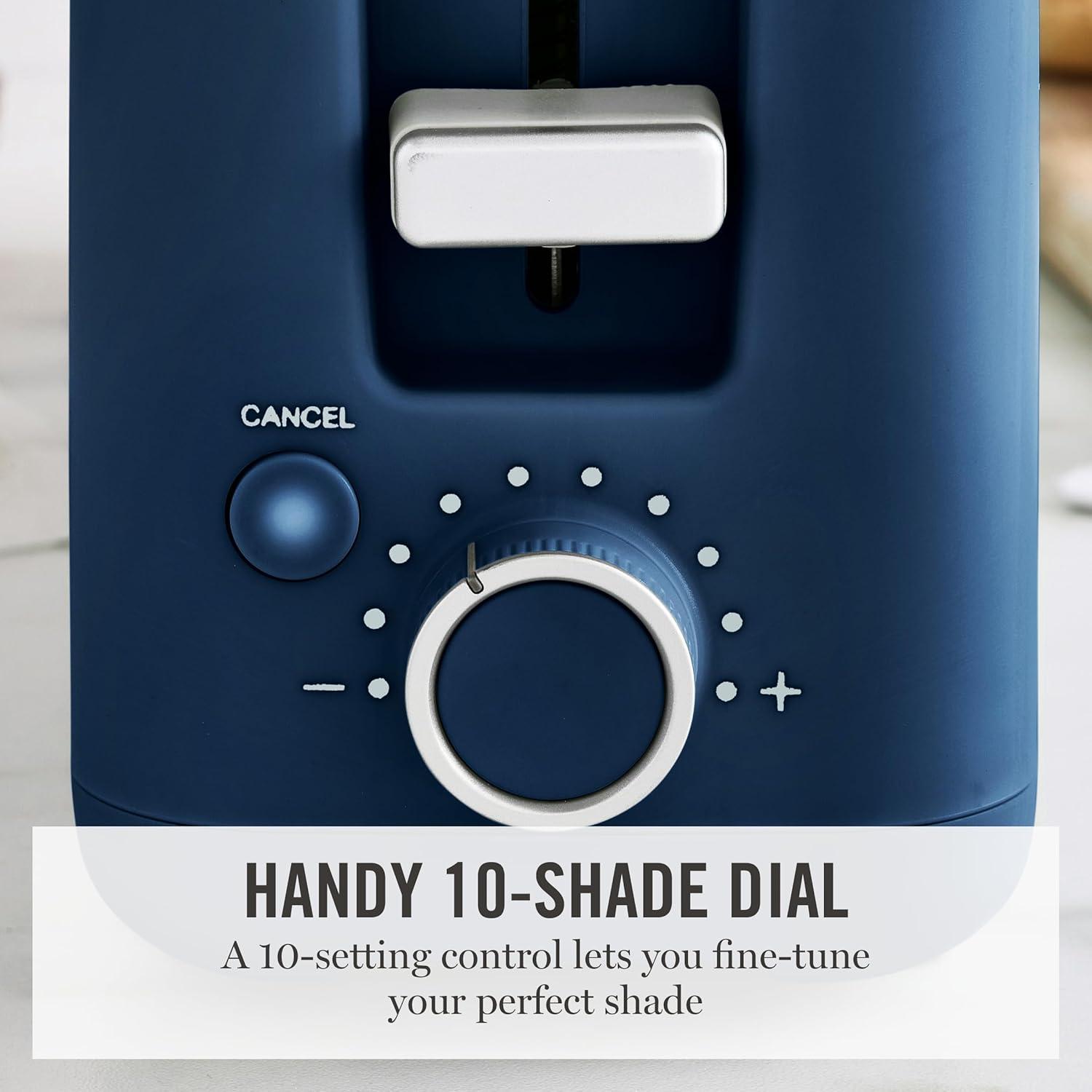 imageMartha Stewart 2 Slice Long Slot Toaster Extra Wide for Sourdough amp Bagels 10 Setting Shade Control Removable Crumb Tray SelfCentering Design DefrostReheat Cancel Slim SpaceSaving LinenIndigo Blue