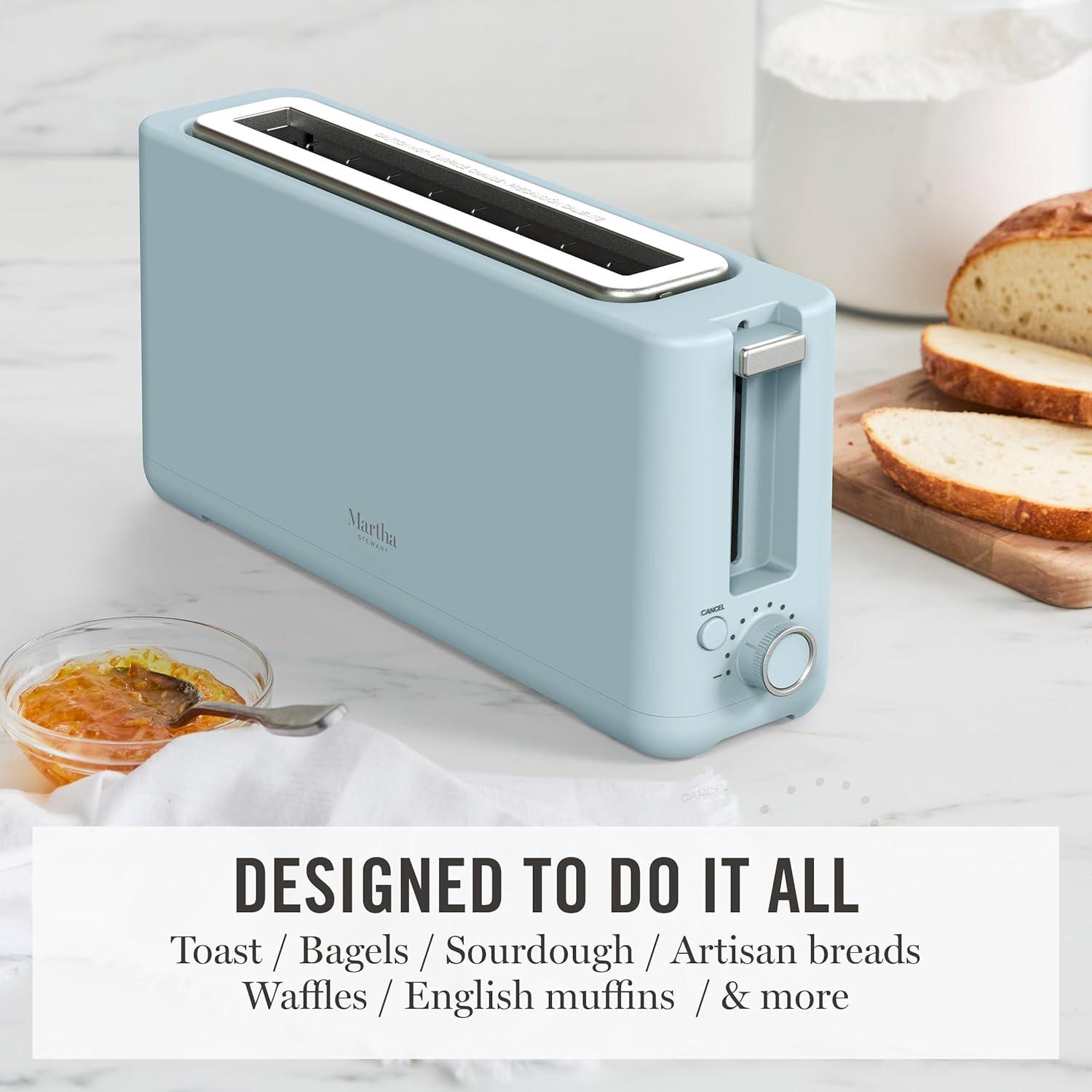 imageMartha Stewart 2 Slice Long Slot Toaster Extra Wide for Sourdough amp Bagels 10 Setting Shade Control Removable Crumb Tray SelfCentering Design DefrostReheat Cancel Slim SpaceSaving LinenSky Blue