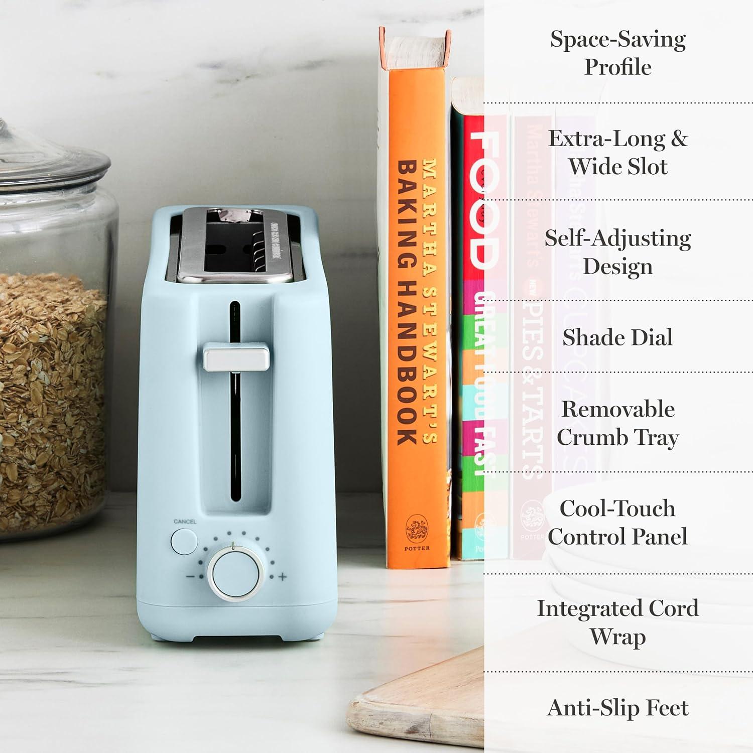imageMartha Stewart 2 Slice Long Slot Toaster Extra Wide for Sourdough amp Bagels 10 Setting Shade Control Removable Crumb Tray SelfCentering Design DefrostReheat Cancel Slim SpaceSaving LinenSky Blue