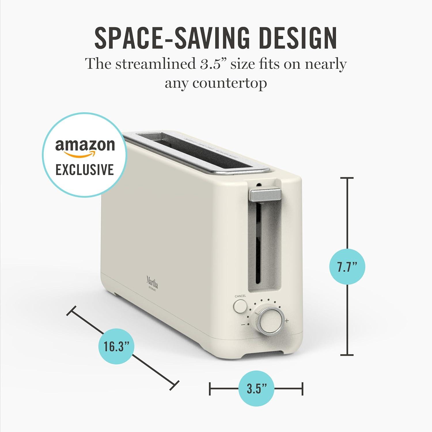 imageMartha Stewart 2 Slice Long Slot Toaster Extra Wide for Sourdough amp Bagels 10 Setting Shade Control Removable Crumb Tray SelfCentering Design DefrostReheat Cancel Slim SpaceSaving LinenLinen White