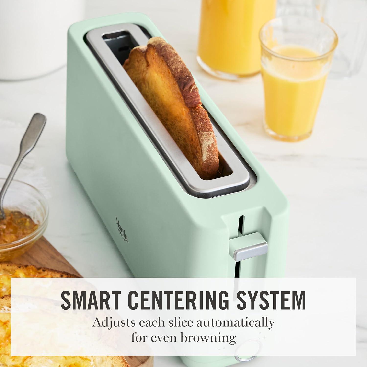 imageMartha Stewart 2 Slice Long Slot Toaster Extra Wide for Sourdough amp Bagels 10 Setting Shade Control Removable Crumb Tray SelfCentering Design DefrostReheat Cancel Slim SpaceSaving LinenHoneydew Green
