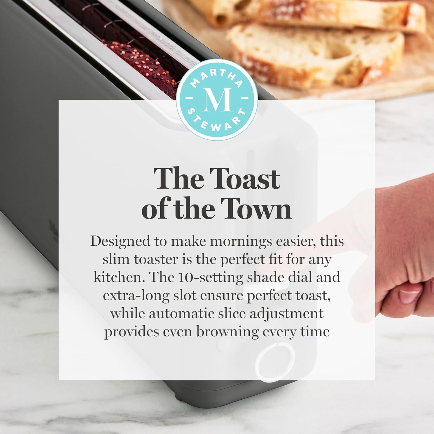 imageMartha Stewart 2 Slice Long Slot Toaster Extra Wide for Sourdough amp Bagels 10 Setting Shade Control Removable Crumb Tray SelfCentering Design DefrostReheat Cancel Slim SpaceSaving LinenCaviar Gray