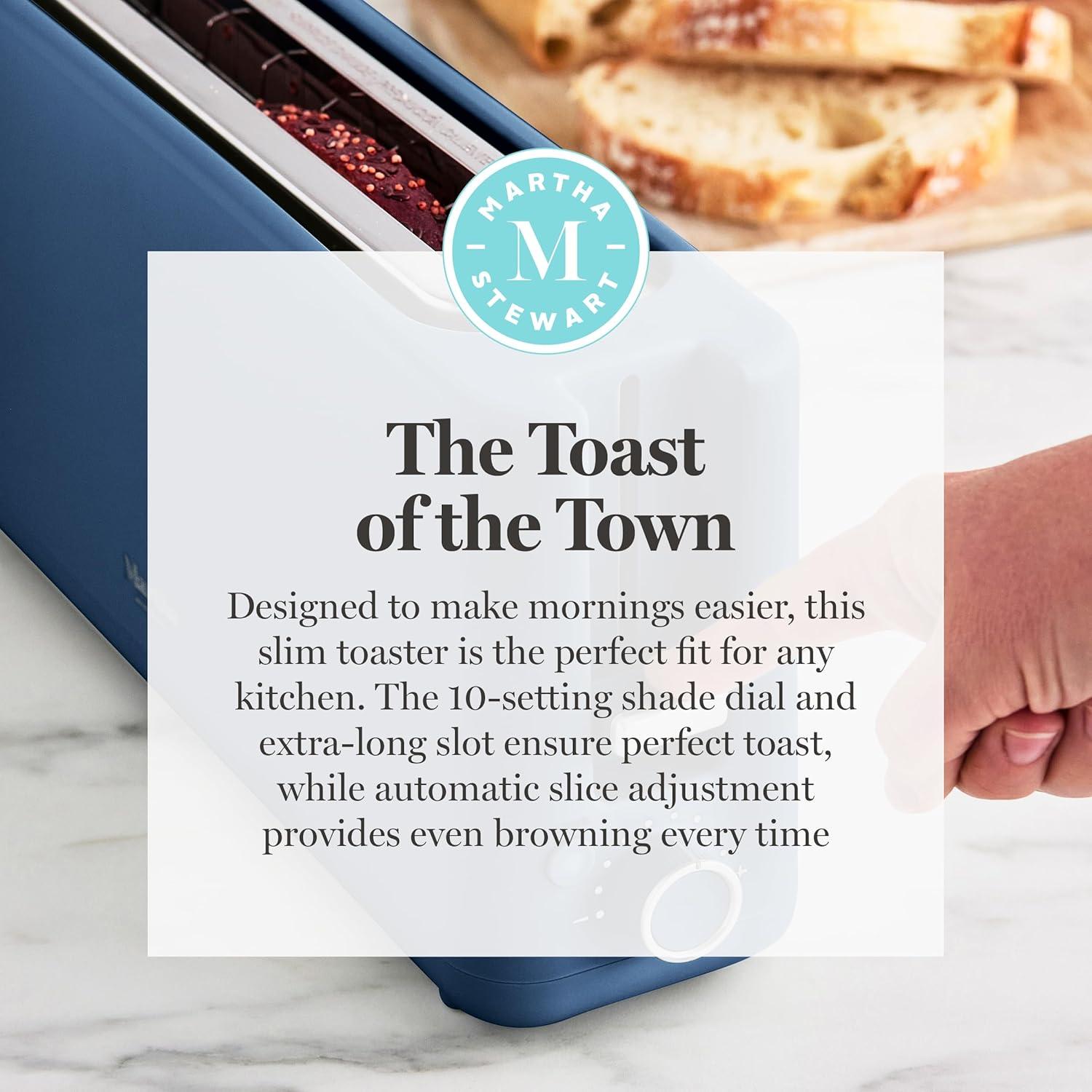 imageMartha Stewart 2 Slice Long Slot Toaster Extra Wide for Sourdough amp Bagels 10 Setting Shade Control Removable Crumb Tray SelfCentering Design DefrostReheat Cancel Slim SpaceSaving LinenIndigo Blue