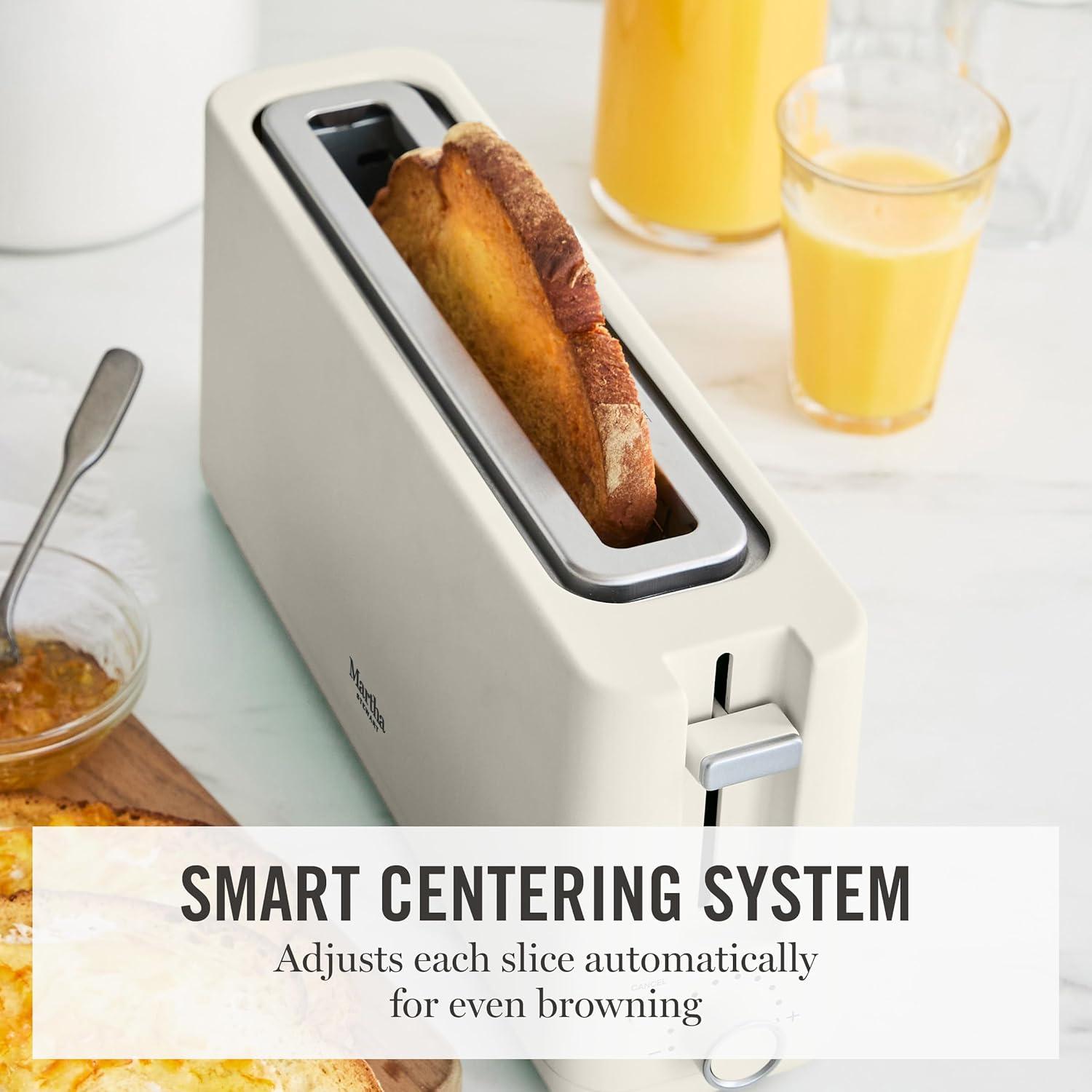 imageMartha Stewart 2 Slice Long Slot Toaster Extra Wide for Sourdough amp Bagels 10 Setting Shade Control Removable Crumb Tray SelfCentering Design DefrostReheat Cancel Slim SpaceSaving LinenLinen White