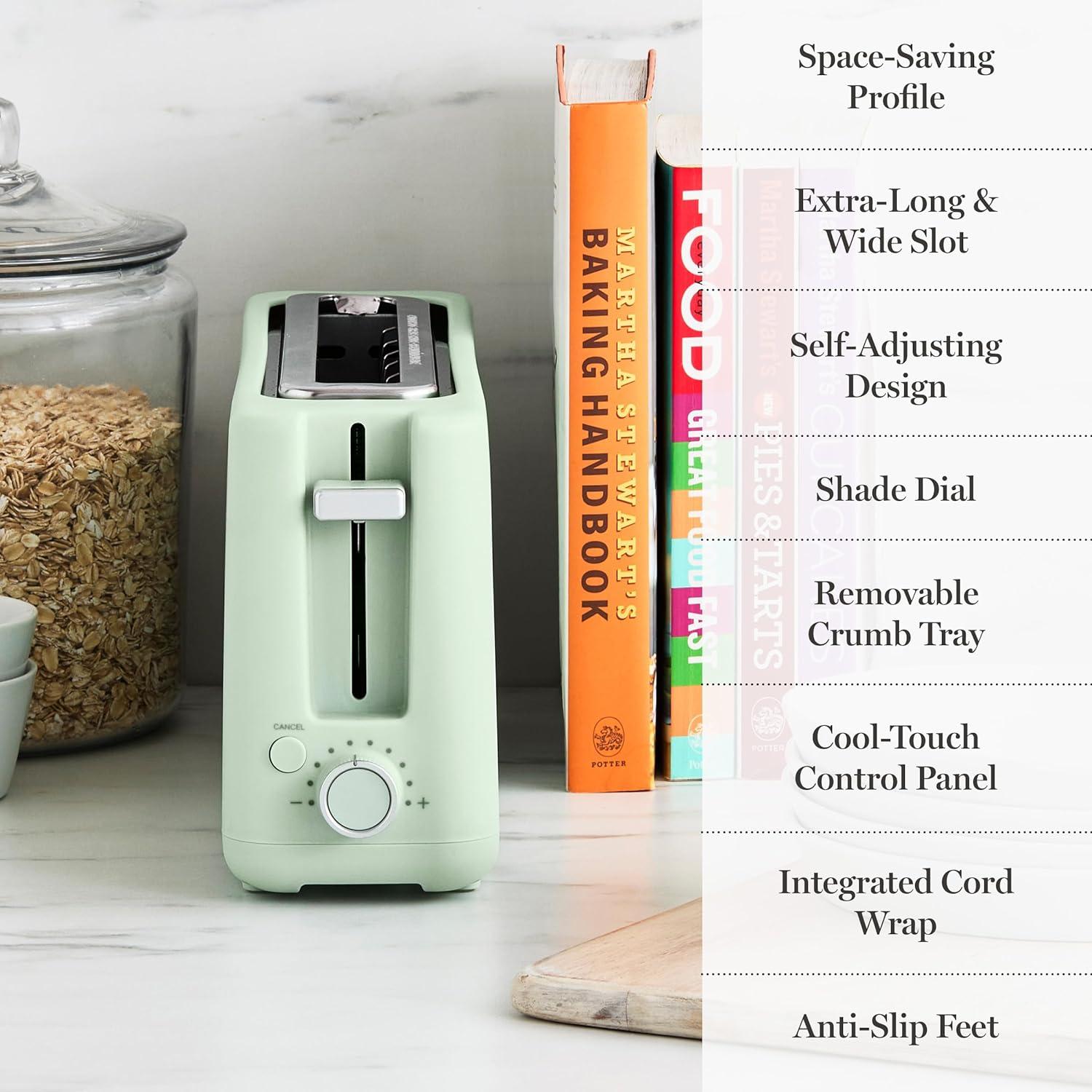 imageMartha Stewart 2 Slice Long Slot Toaster Extra Wide for Sourdough amp Bagels 10 Setting Shade Control Removable Crumb Tray SelfCentering Design DefrostReheat Cancel Slim SpaceSaving LinenHoneydew Green