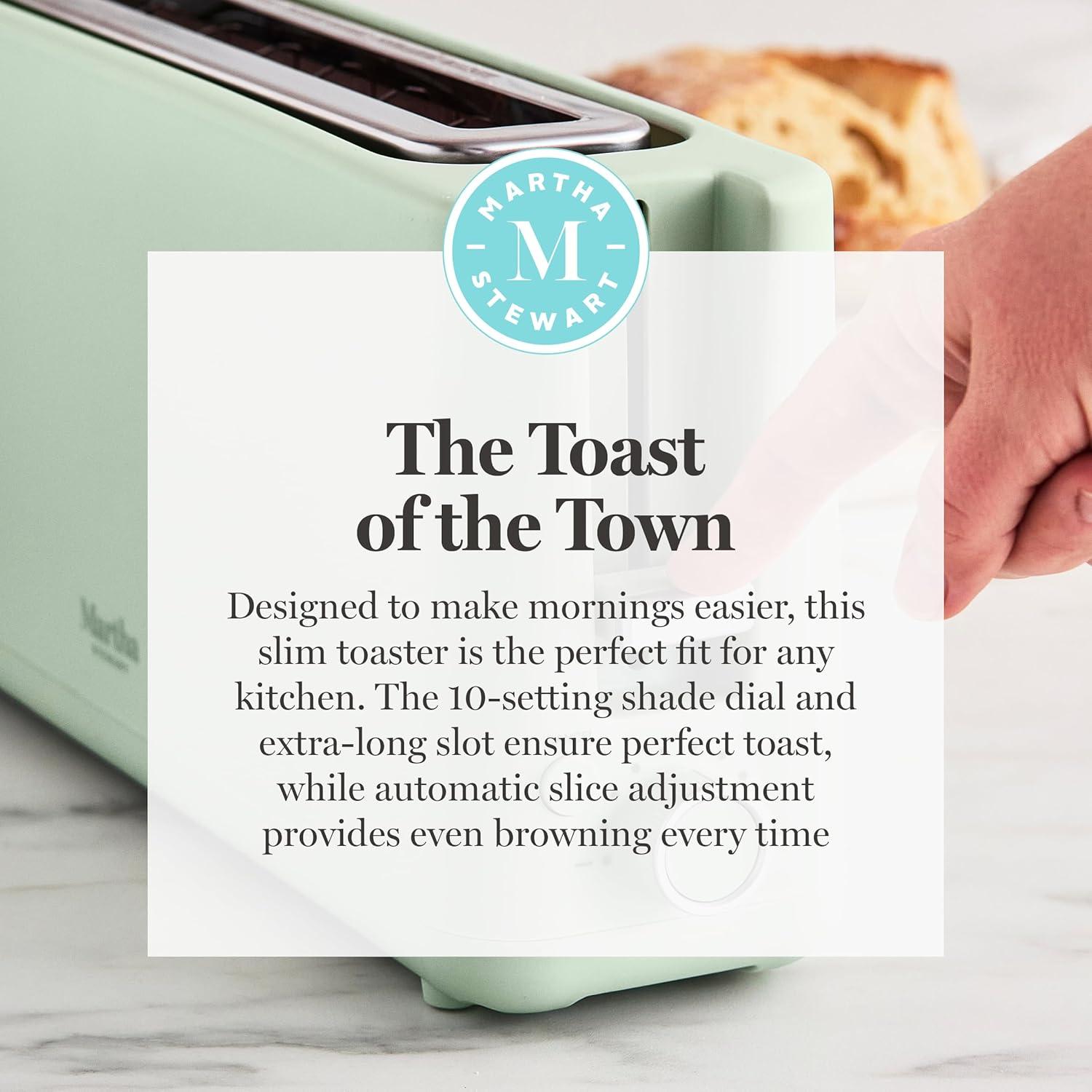 imageMartha Stewart 2 Slice Long Slot Toaster Extra Wide for Sourdough amp Bagels 10 Setting Shade Control Removable Crumb Tray SelfCentering Design DefrostReheat Cancel Slim SpaceSaving LinenHoneydew Green