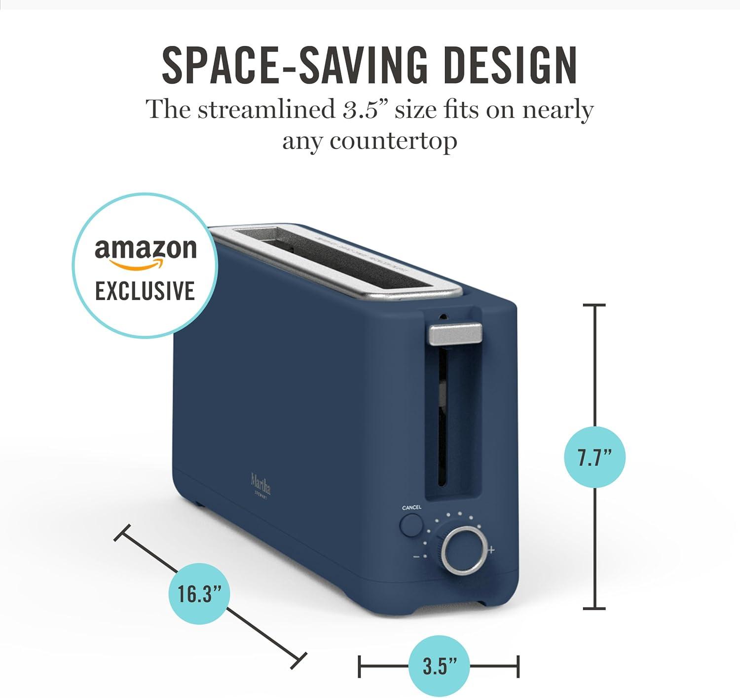 imageMartha Stewart 2 Slice Long Slot Toaster Extra Wide for Sourdough amp Bagels 10 Setting Shade Control Removable Crumb Tray SelfCentering Design DefrostReheat Cancel Slim SpaceSaving LinenIndigo Blue