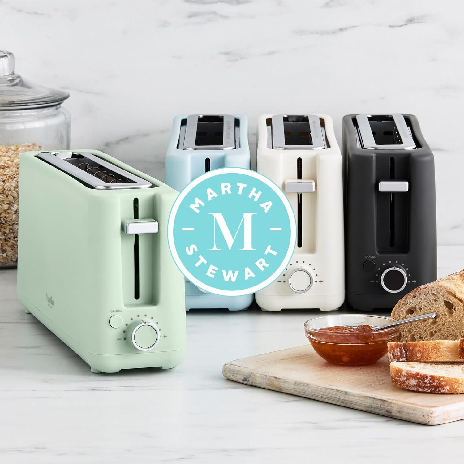 imageMartha Stewart 2 Slice Long Slot Toaster Extra Wide for Sourdough amp Bagels 10 Setting Shade Control Removable Crumb Tray SelfCentering Design DefrostReheat Cancel Slim SpaceSaving LinenHoneydew Green