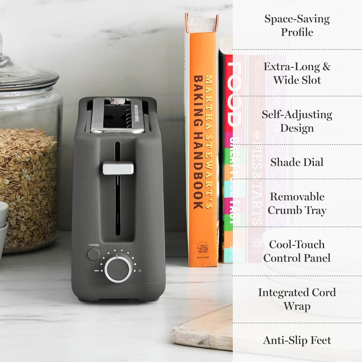 imageMartha Stewart 2 Slice Long Slot Toaster Extra Wide for Sourdough amp Bagels 10 Setting Shade Control Removable Crumb Tray SelfCentering Design DefrostReheat Cancel Slim SpaceSaving LinenCaviar Gray