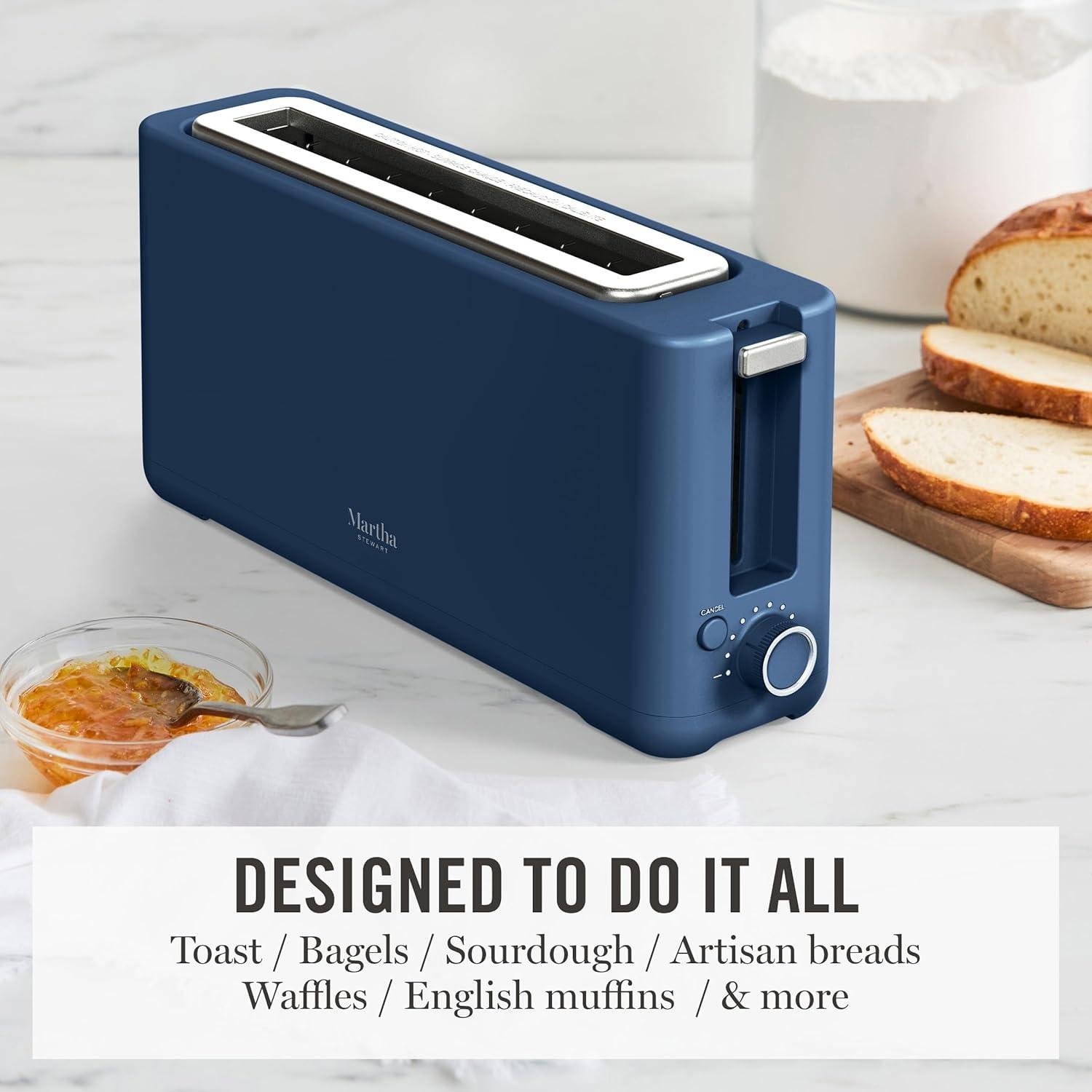 imageMartha Stewart 2 Slice Long Slot Toaster Extra Wide for Sourdough amp Bagels 10 Setting Shade Control Removable Crumb Tray SelfCentering Design DefrostReheat Cancel Slim SpaceSaving LinenIndigo Blue