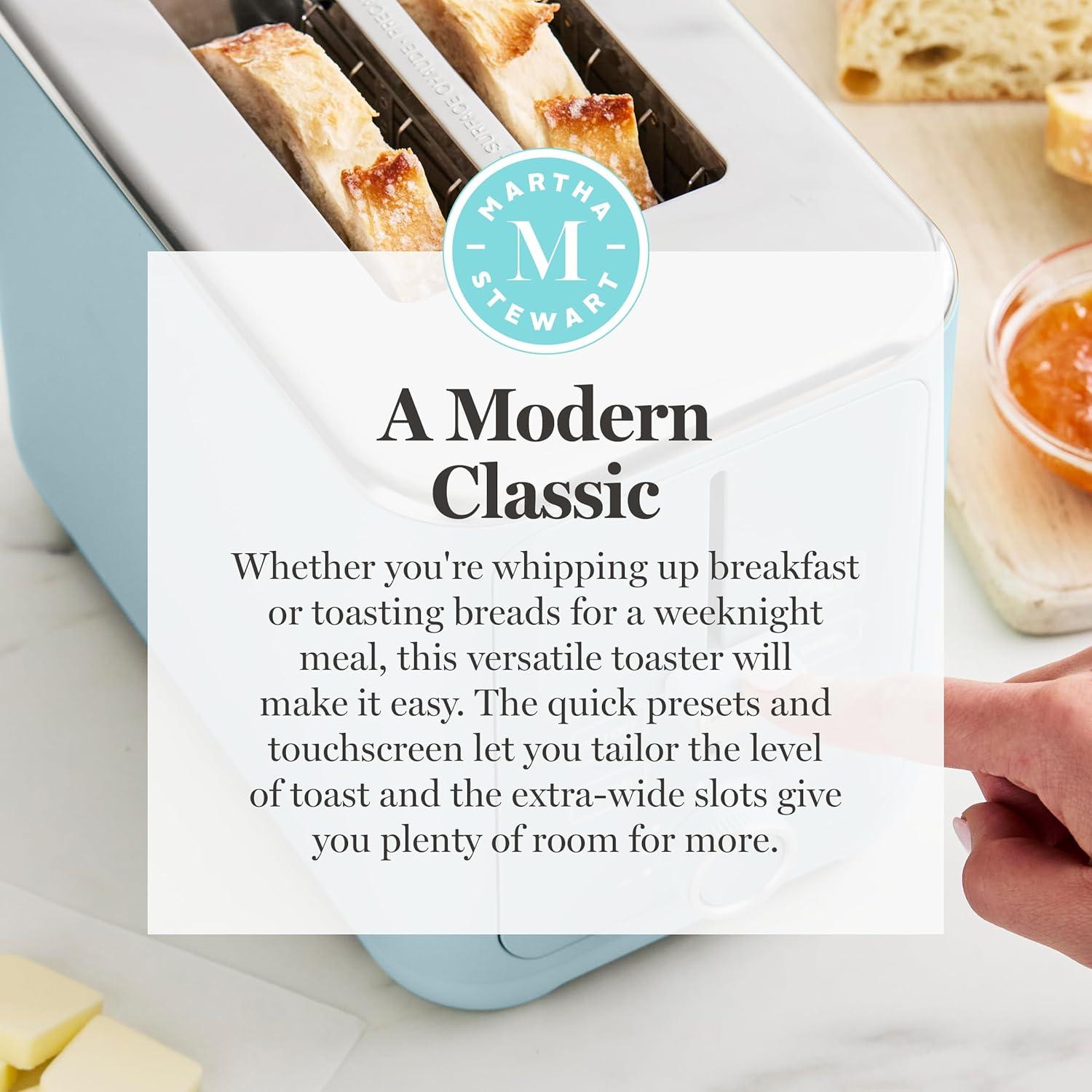 imageMartha Stewart 2 Slice Toaster 10 Shade Settings with Defrost Cancel Bagel amp GlutenFree ExtraWide SelfCentering Slots for Waffles amp Artisan Bread Removable Crumb Tray Cord Wrap Linen WhiteSky Blue
