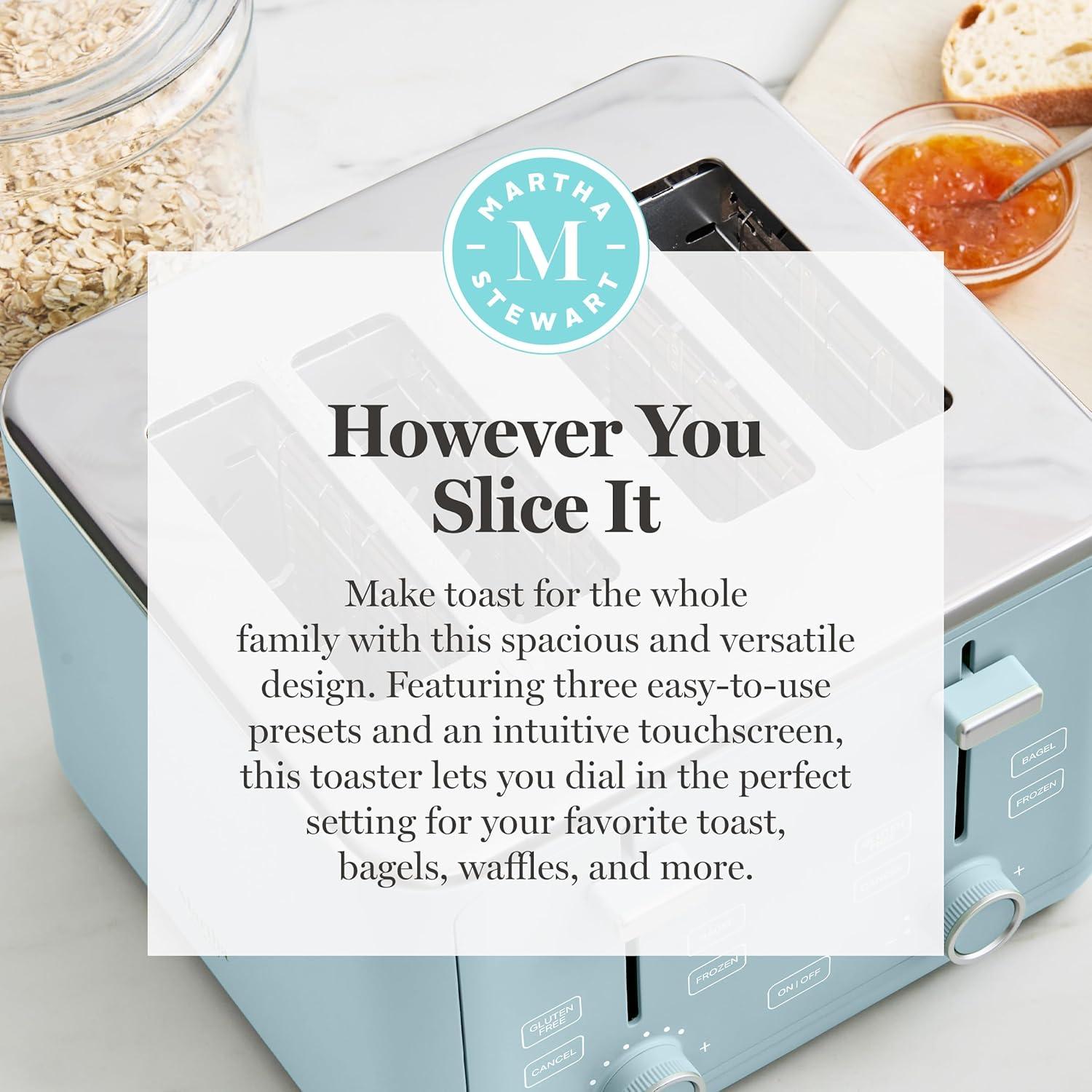 imageMartha Stewart 2 Slice Toaster 10 Shade Settings with Defrost Cancel Bagel amp GlutenFree ExtraWide SelfCentering Slots for Waffles amp Artisan Bread Removable Crumb Tray Cord Wrap Linen WhiteSky Blue