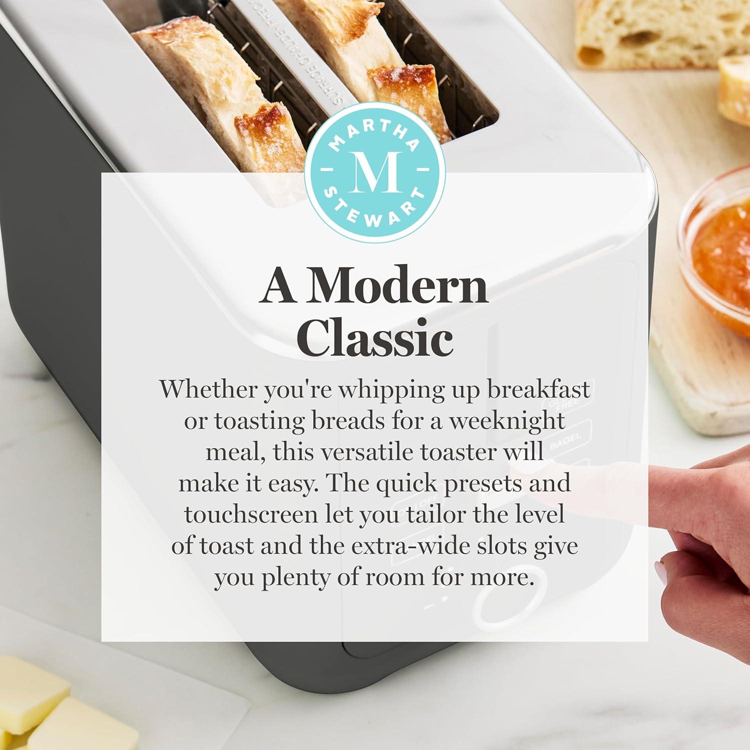 imageMartha Stewart 2 Slice Toaster 10 Shade Settings with Defrost Cancel Bagel amp GlutenFree ExtraWide SelfCentering Slots for Waffles amp Artisan Bread Removable Crumb Tray Cord Wrap Linen WhiteCaviar Gray